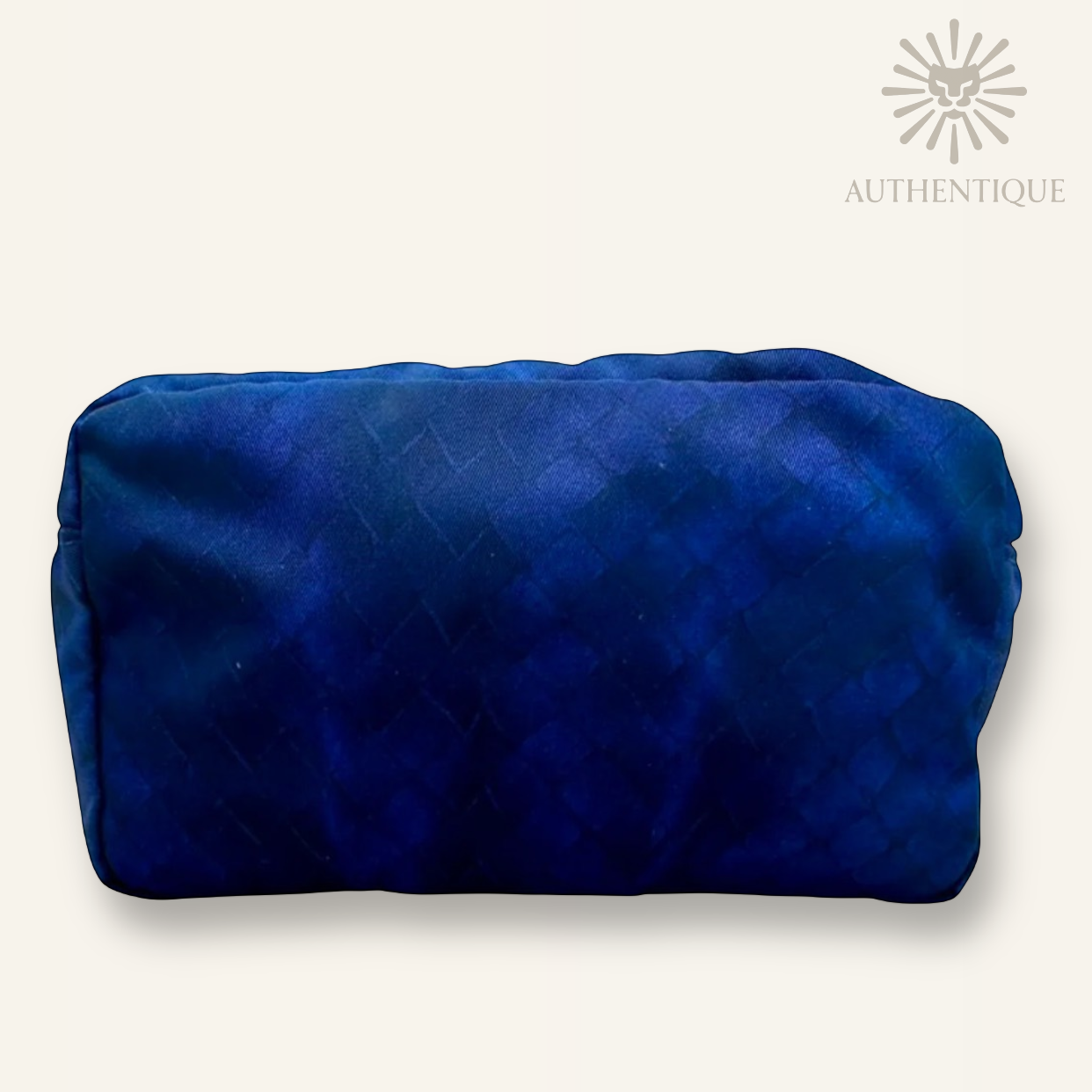 Bottega Veneta Intrecciolusion Pouch in Navy Blue Nylon with Printed Intrecciato Weave and Leather Pull Tab - Shop Authentique Lux