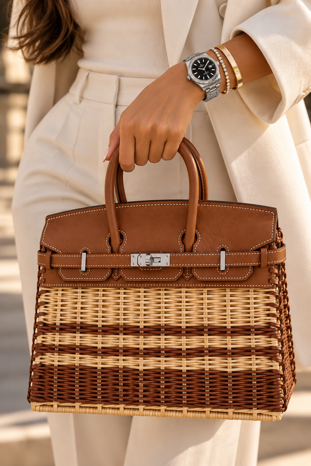 Birkin 25 Picnic in Striped Gold Swift & Osier Wicker, Palladium Hardware, Stamp K | Shop Authentique Lux