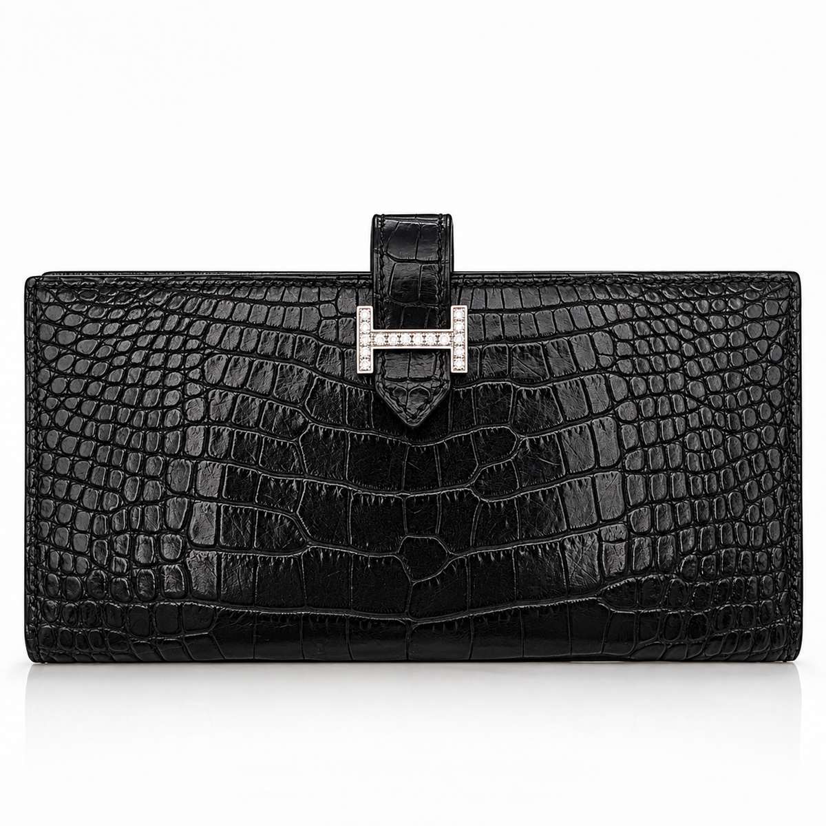 Hermès Béarn Long Wallet Alligator Leather in Noir with Aftermarket Natural Diamond H Clasp, X Stamp, 2021 | Shop Authentique Lux