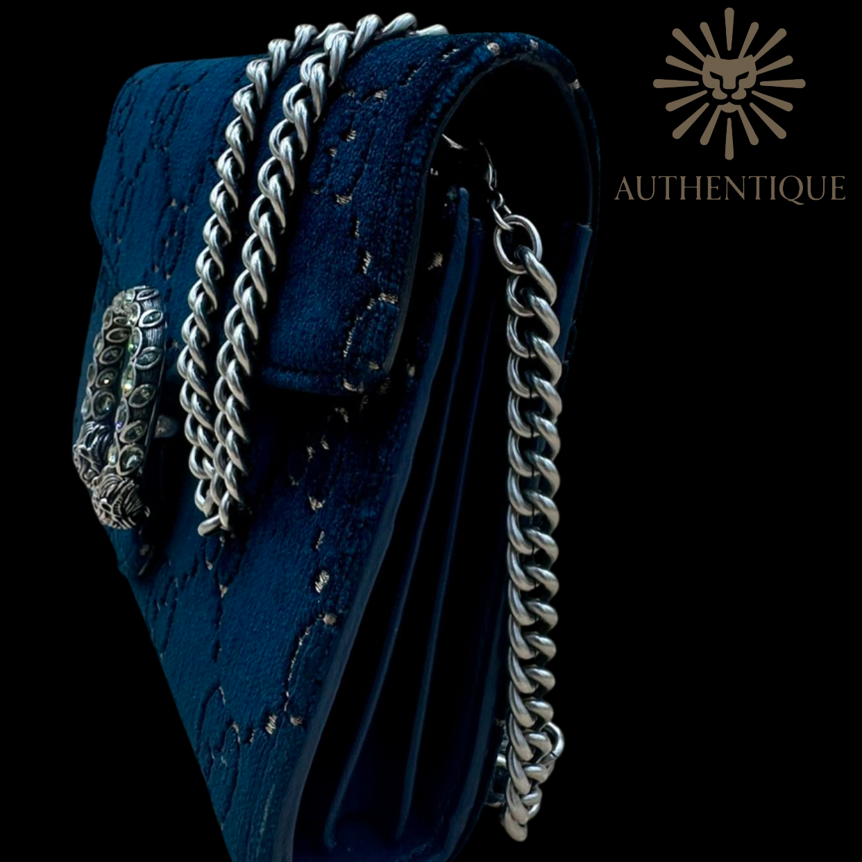 Side view of Gucci Dionysus Mini Chain Wallet in Navy Blue Velvet Crystal GG – Available at Authentique Lux