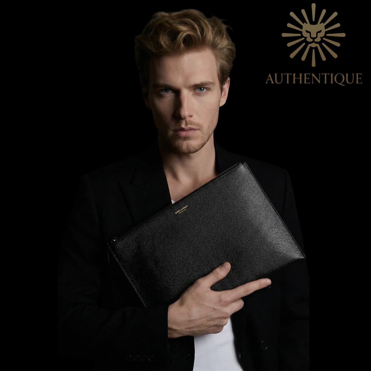 Saint Laurent black leather document pouch silver zipper I Authentique Lux