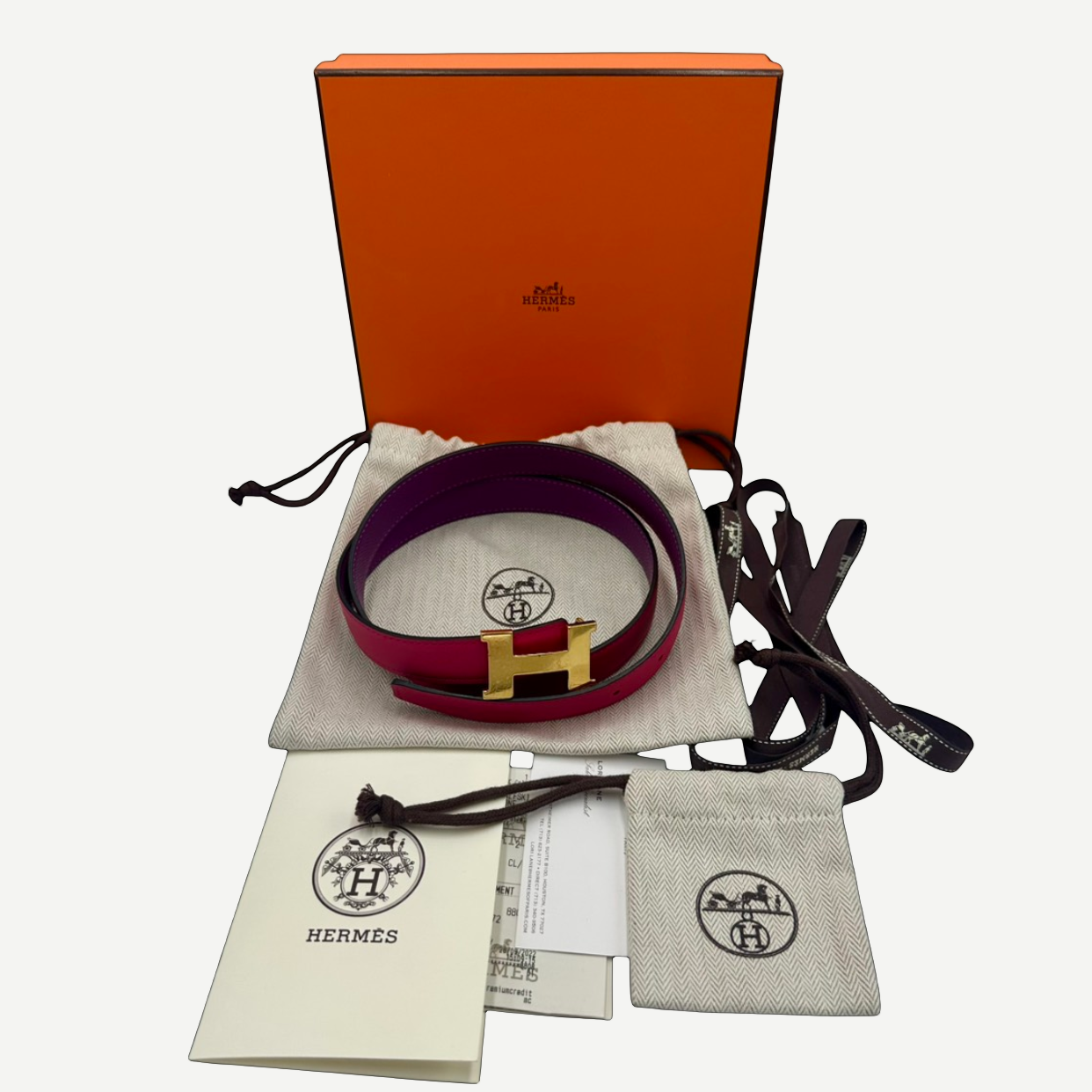 Hermès Reversible H Belt, 24mm Swift & Epsom Calfskin, Rose Mexico/Anemone, Size 80, Full Set | Shop Authentique Lux