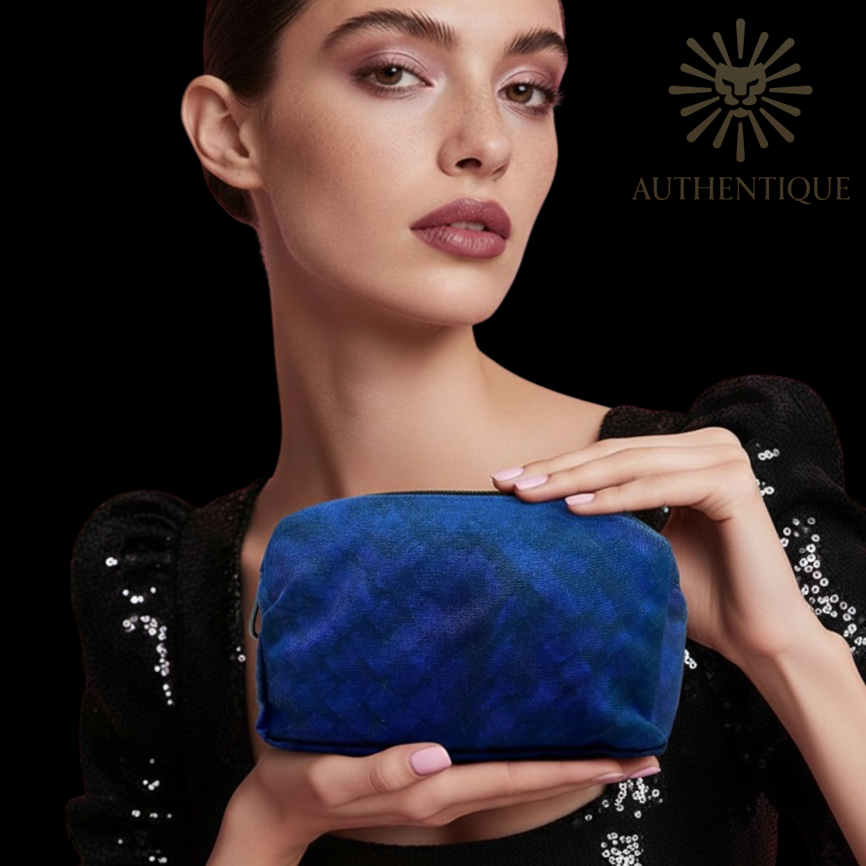 Model wearing Bottega Veneta Intrecciolusion Pouch in Navy Blue Nylon with Printed Intrecciato Weave and Leather Pull Tab