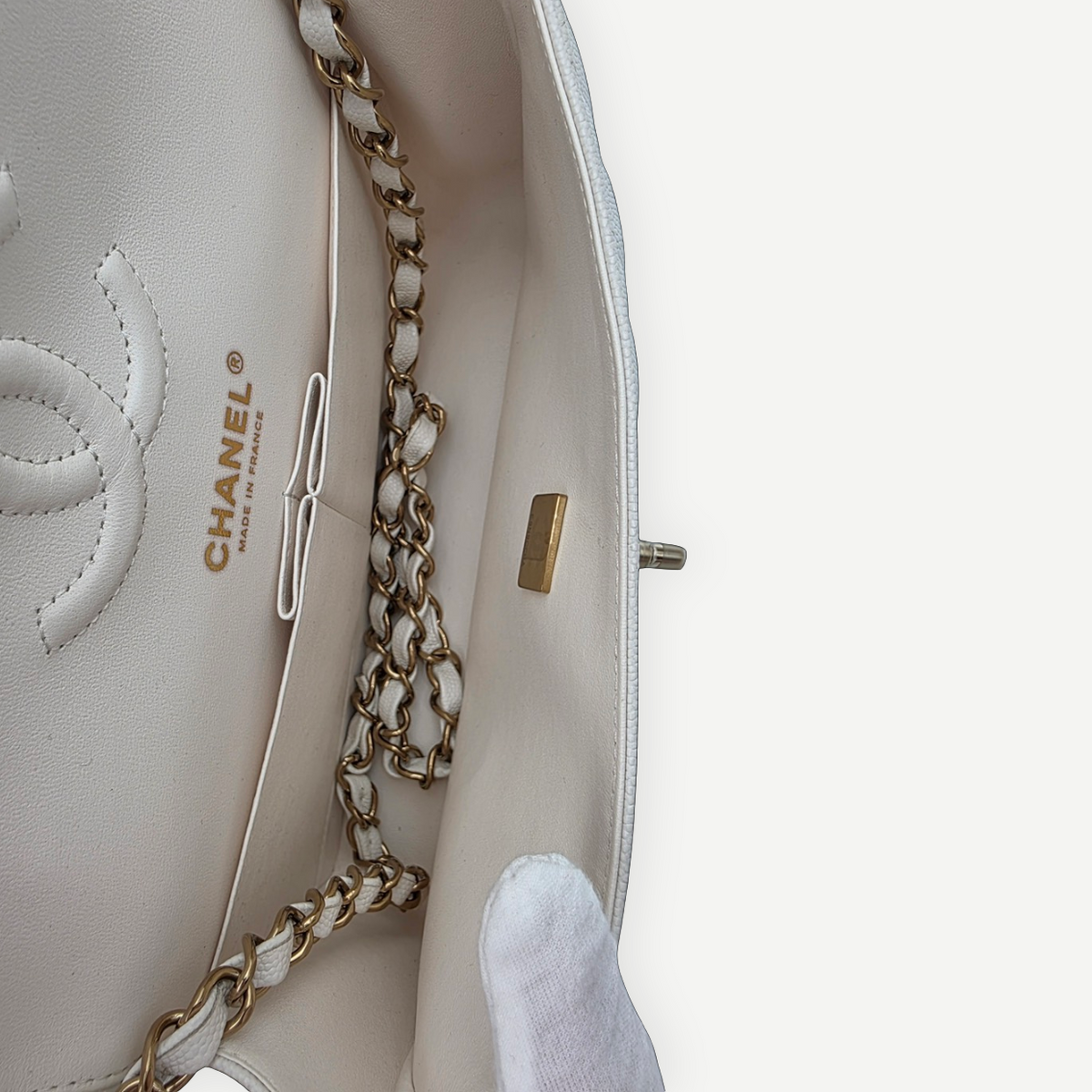 CHANEL Caviar Quilted Medium Classic Double Flap Bag, White, Gold Hardware, Full Set | Shop Authentique Lux