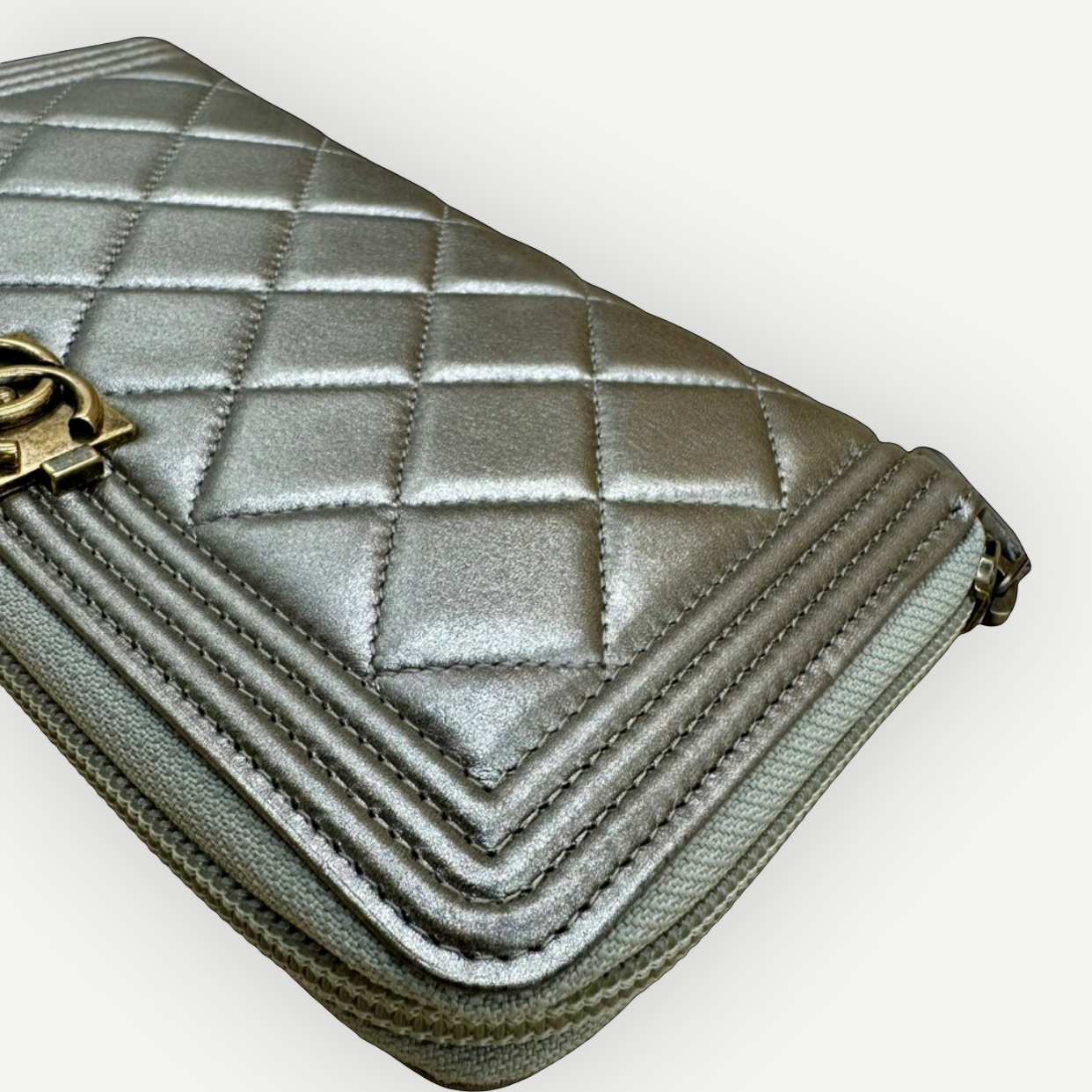 Chanel Boy Chevron Quilted Metallic Gold Leather Continental Wallet | Shop Authentique Lux