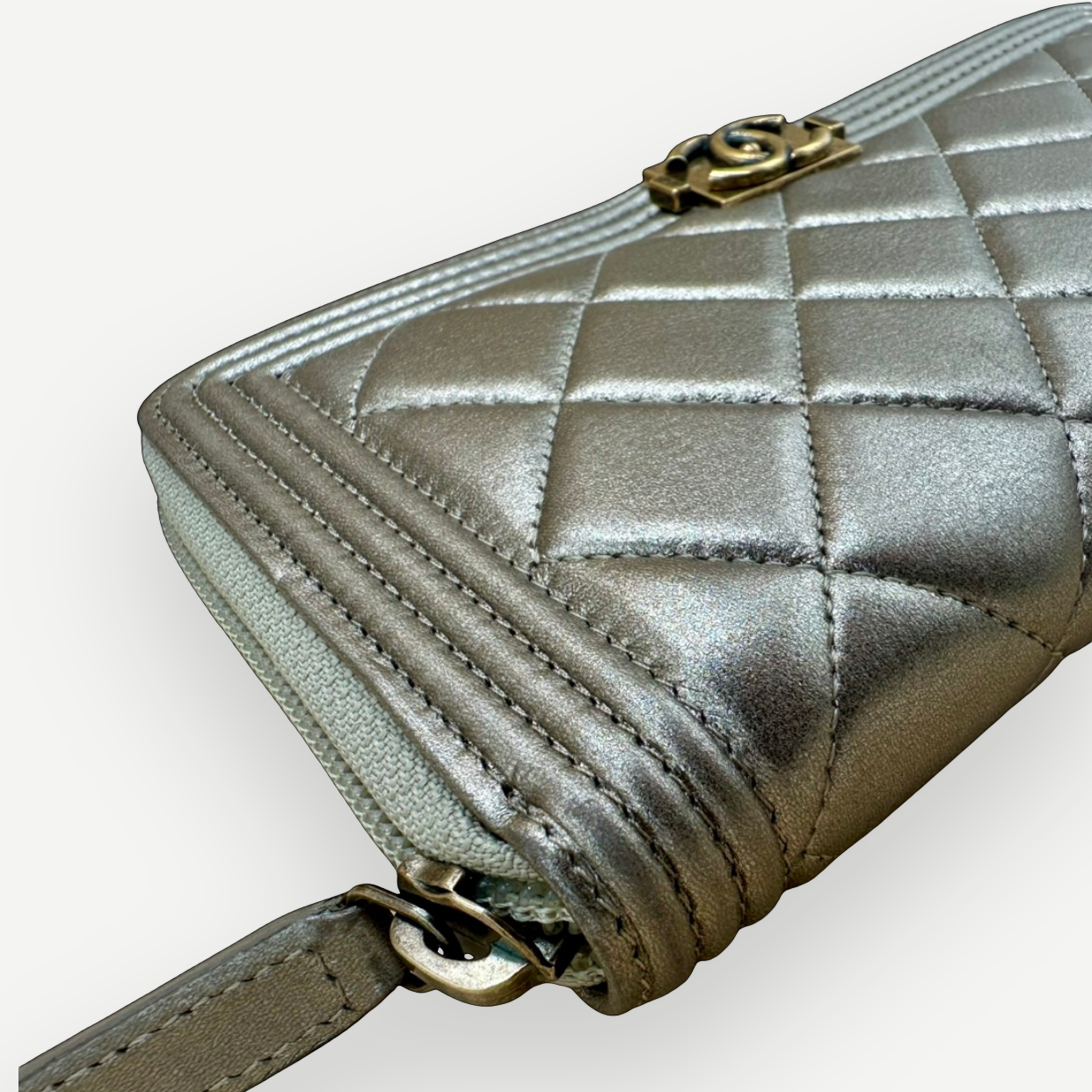 Chanel Boy Chevron Quilted Metallic Gold Leather Continental Wallet | Shop Authentique Lux