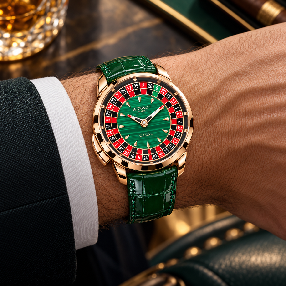 JACOB & CO. Casino Tourbillon malachite roulette wrist view | Shop Authentique Lux