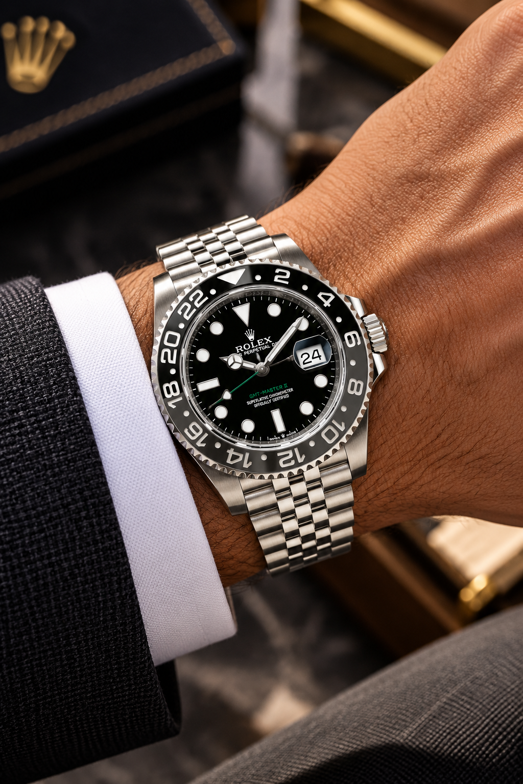 ROLEX GMT-Master II “Bruce Wayne” 126710GRNR-0003, Black Dial, Jubilee Bracelet | Shop at Authentique Lux