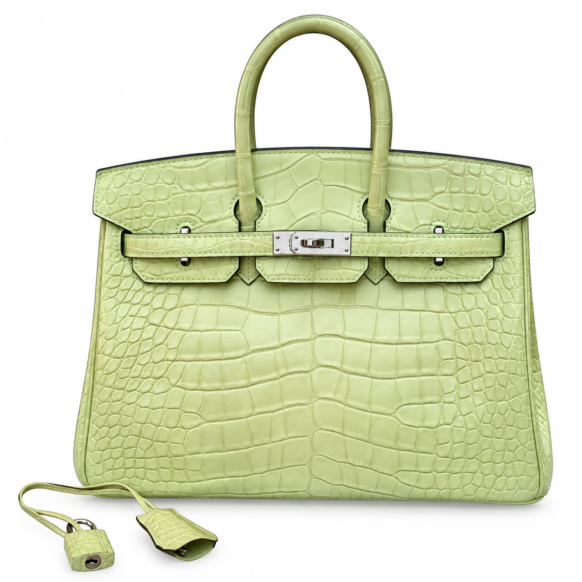 HERMÈS Birkin 25, Matte Crocodile, R9 Tender Sprout Green / Vert Criquet, Palladium Hardware, 2021 | Shop Authentique Lux