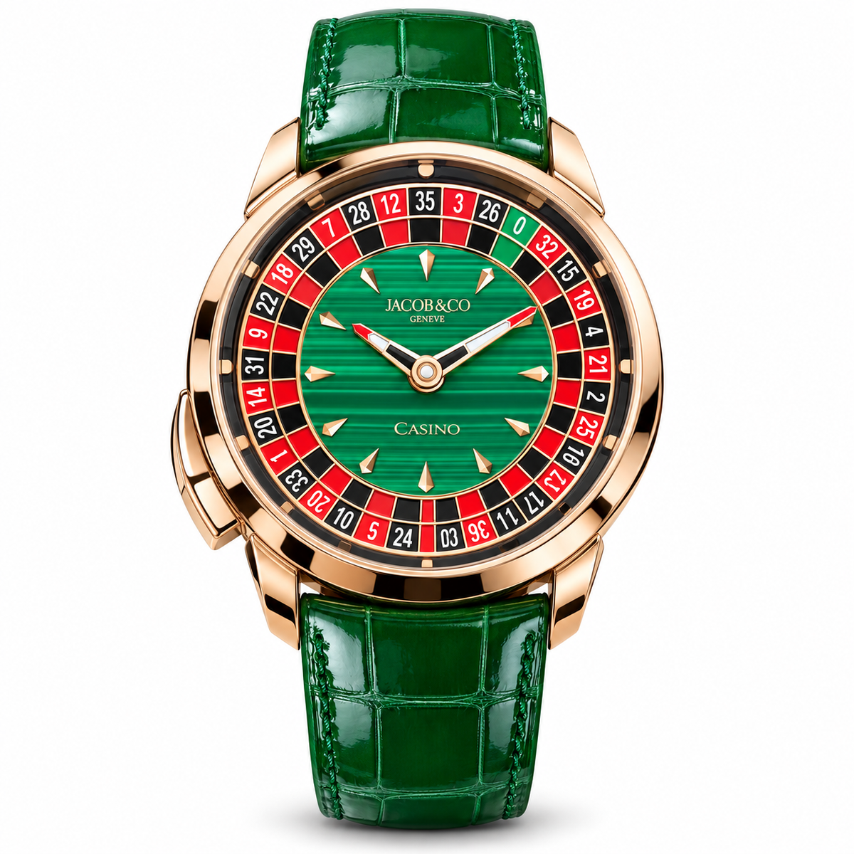 JACOB & CO. Casino Tourbillon CA100.40.AA.AE.A green malachite dial front view, 2026 | Shop Authentique Lux