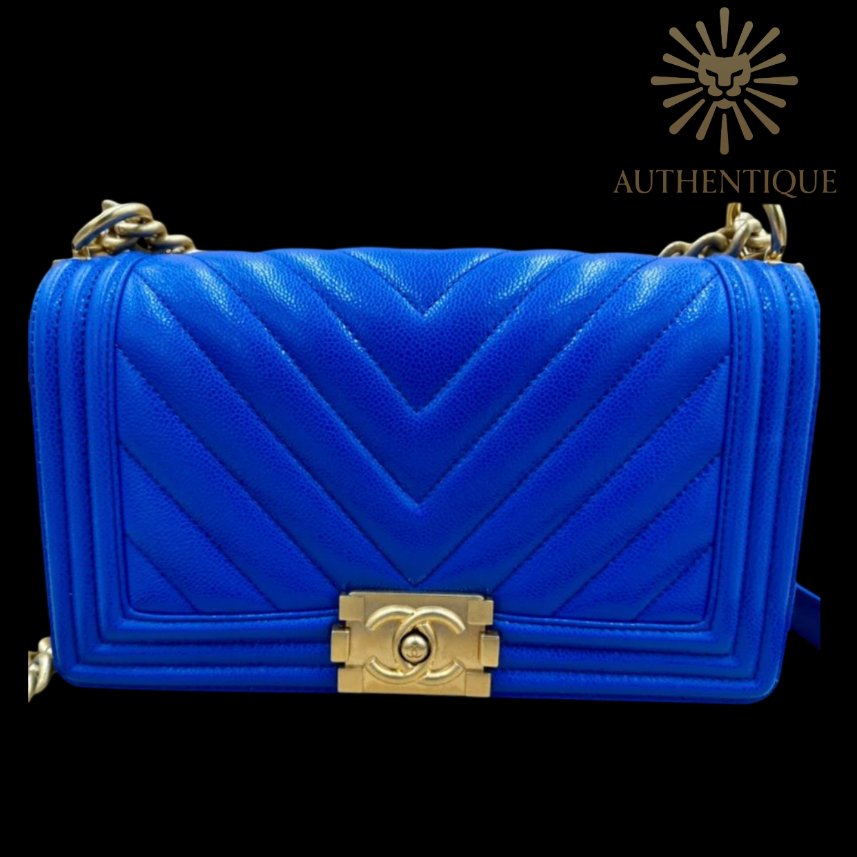 Chanel Medium Chevron Boy Bag blue 2024 spring gold hardware new condition 100% authentic I Authetique Lux