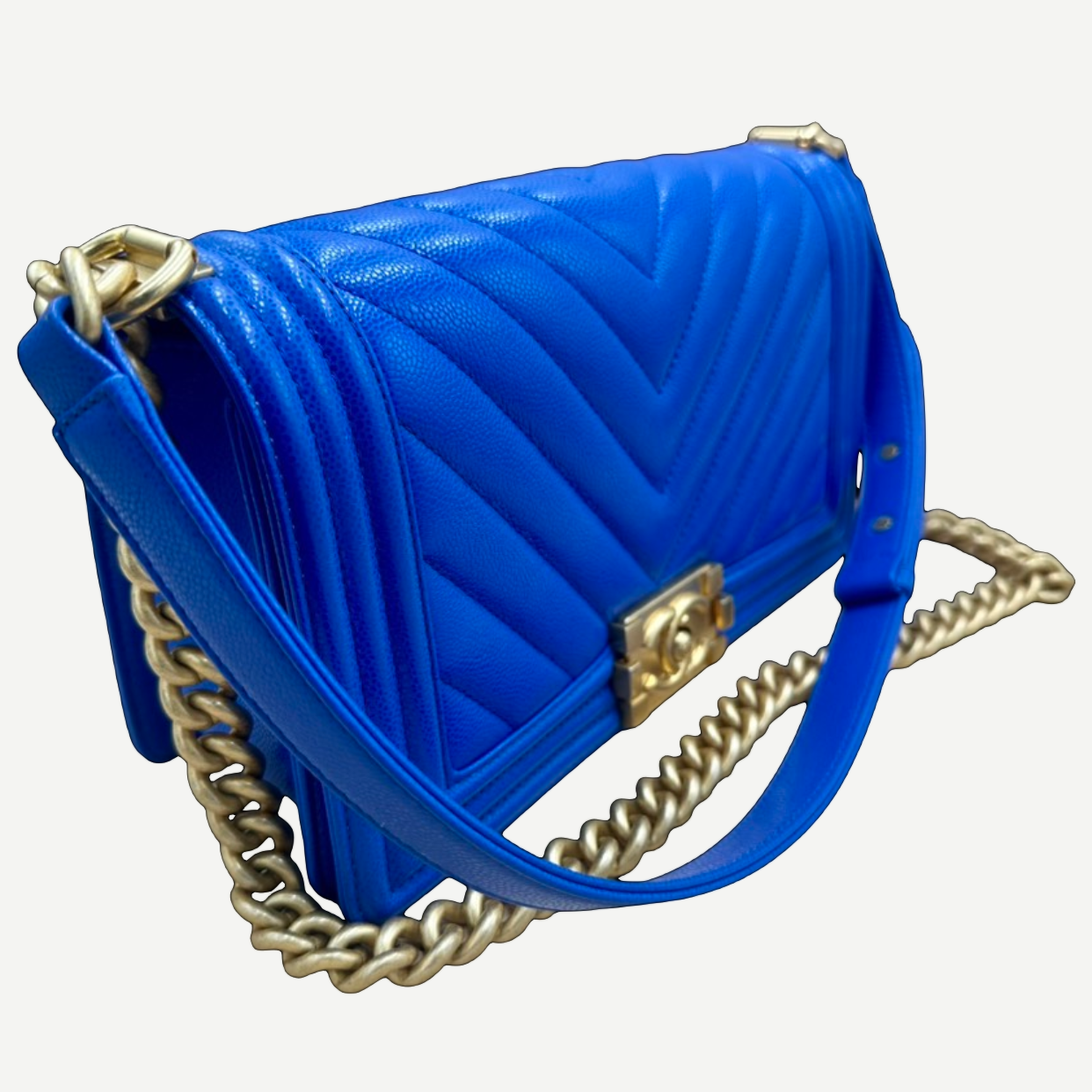 Chanel Medium Boy Bag Chevron Quilted Beautiful Blue Gold Hardware | Shop Authentique Lux