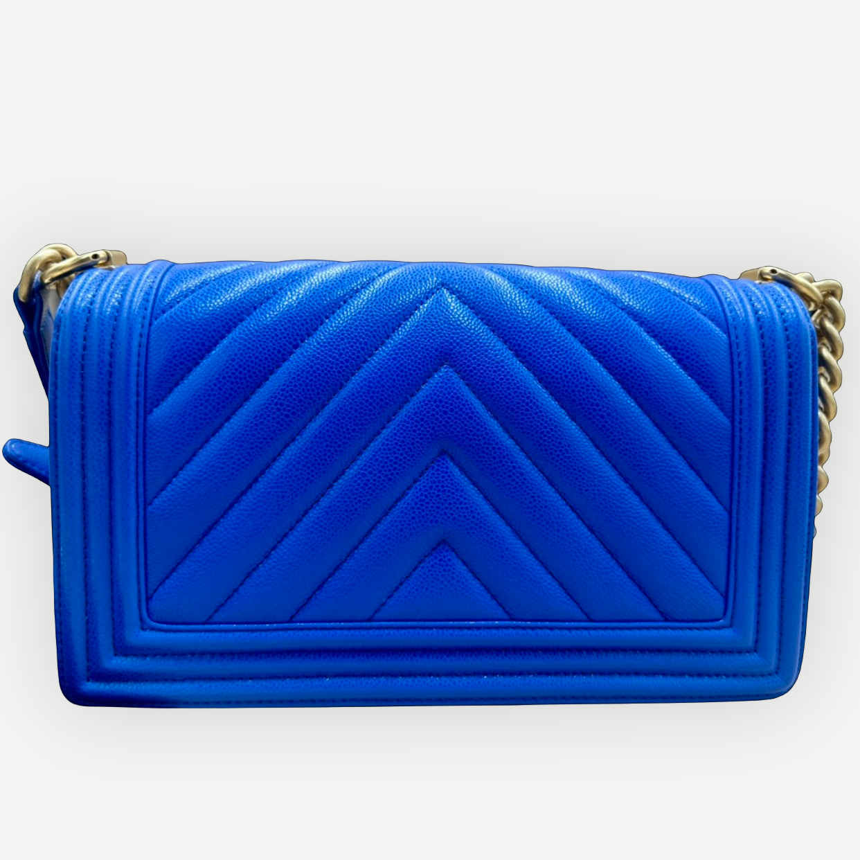 Chanel Medium Boy Bag Chevron Quilted Beautiful Blue Gold Hardware | Shop Authentique Lux