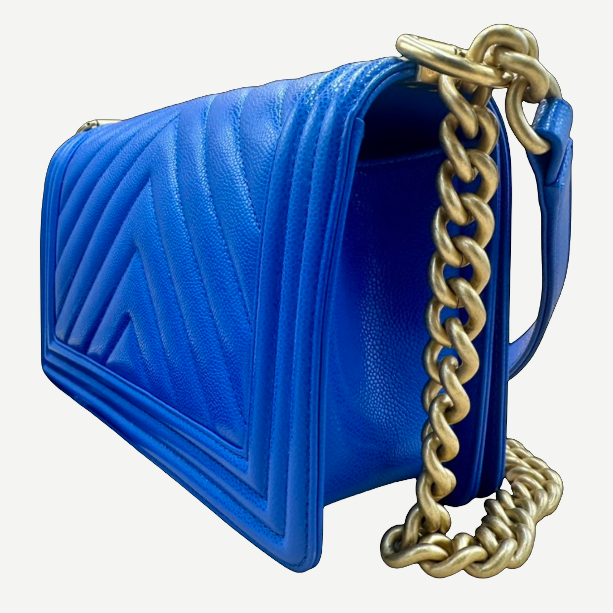 Chanel Medium Boy Bag Chevron Quilted Beautiful Blue Gold Hardware | Shop Authentique Lux