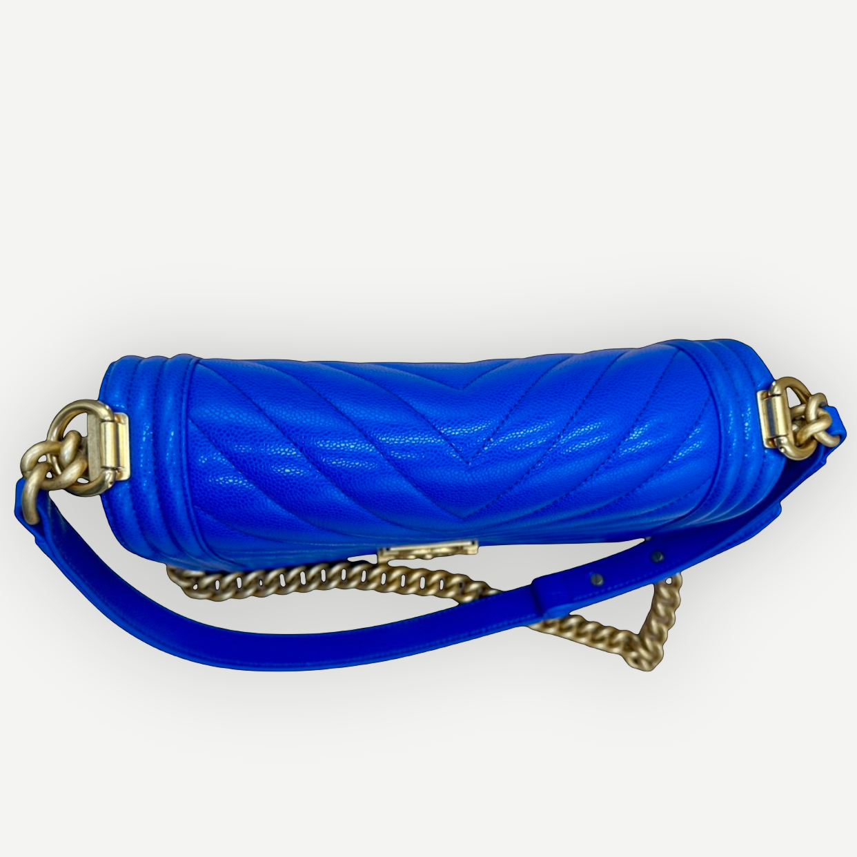 Chanel Medium Boy Bag Chevron Quilted Beautiful Blue Gold Hardware | Shop Authentique Lux