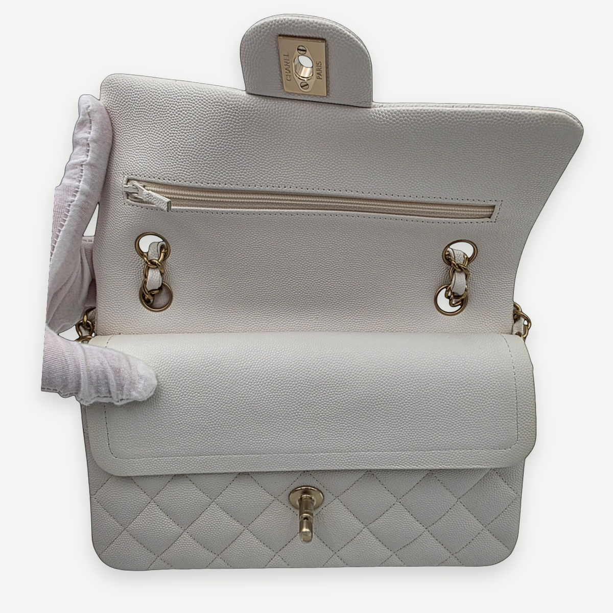 CHANEL Caviar Quilted Medium Classic Double Flap Bag, White, Gold Hardware, Full Set | Shop Authentique Lux