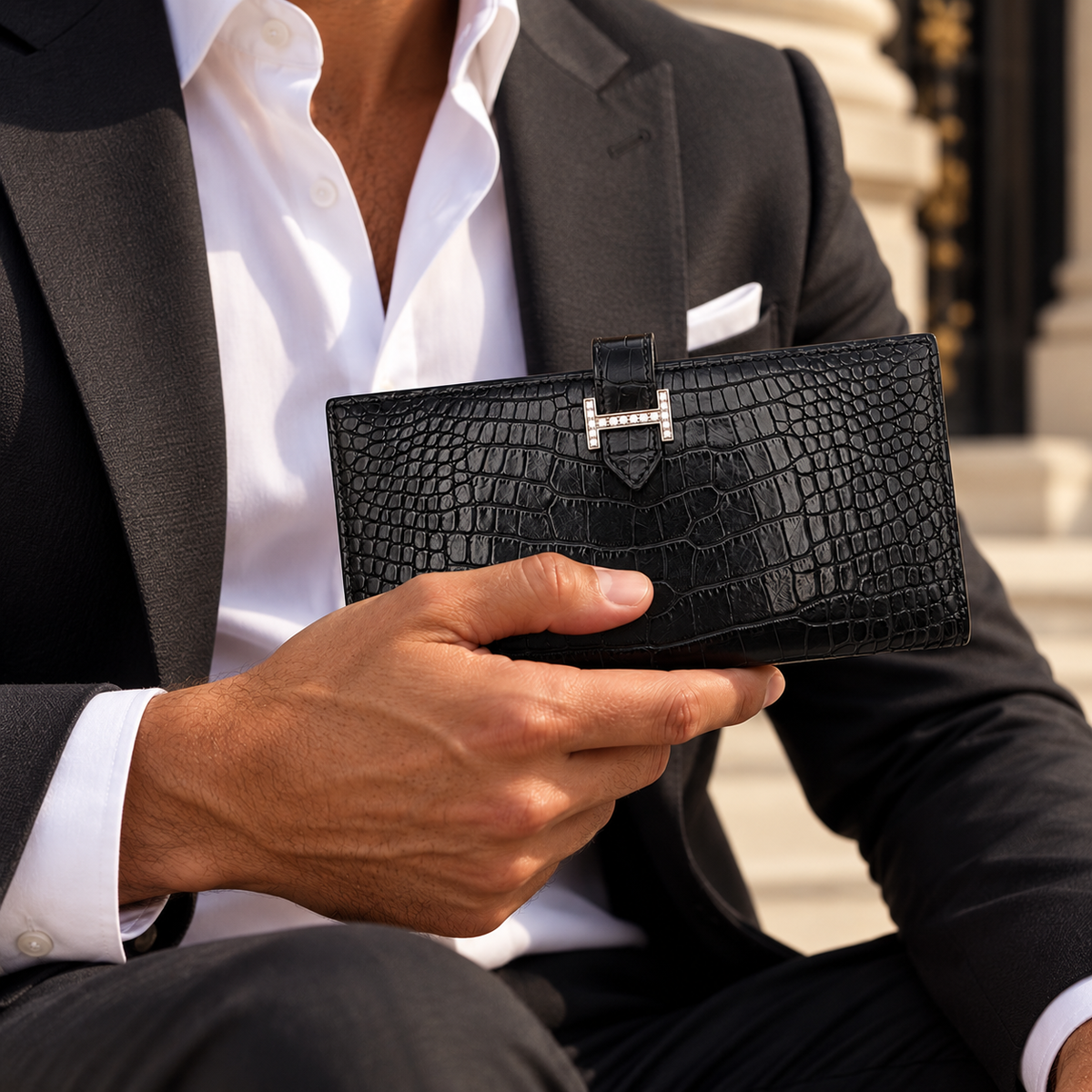 Hermès Béarn Long Wallet Alligator Leather in Noir with Aftermarket Natural Diamond H Clasp, X Stamp, 2021 | Shop Authentique Lux