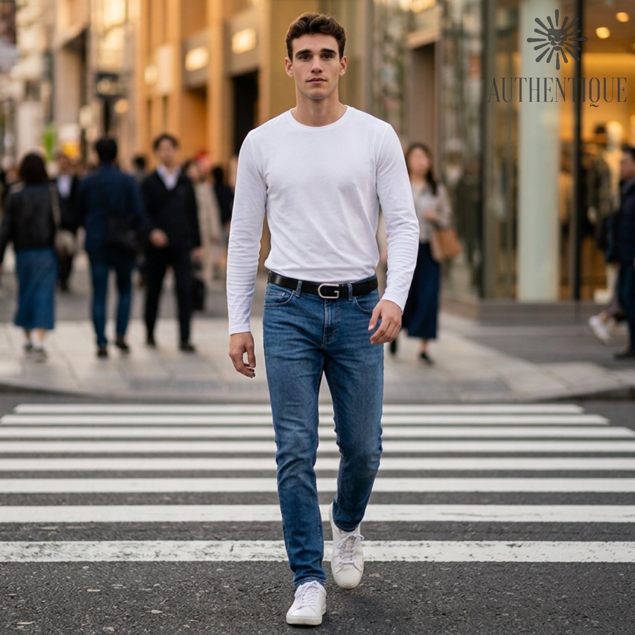 Model wearing Gucci Ref. 277380 Skinny Black Leather Belt | Silver G Buckle | Size 80/32