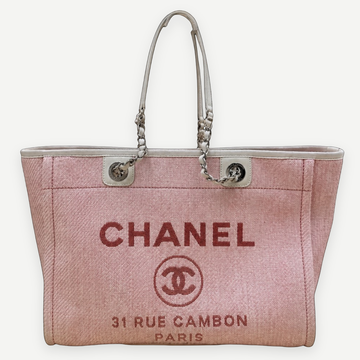 Chanel Deauville Large Shopping Tote Pink Tweed Canvas Silver Hardware | Shop Authentique Lux