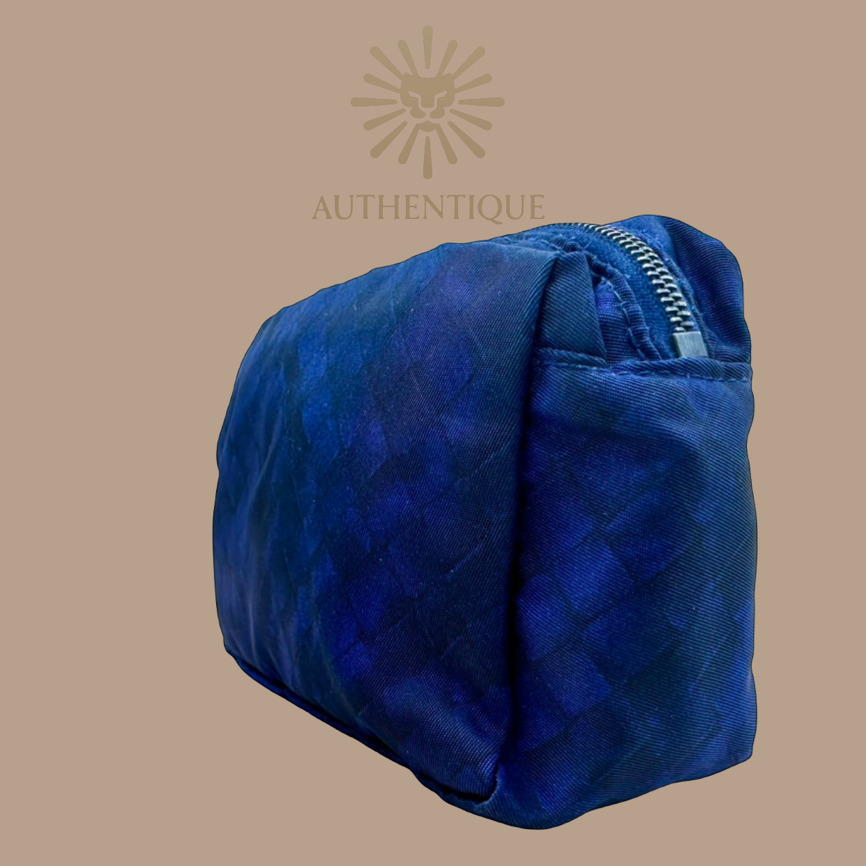 Bottega Veneta Intrecciolusion Pouch in Navy Blue Nylon with Printed Intrecciato Weave and Leather Pull Tab