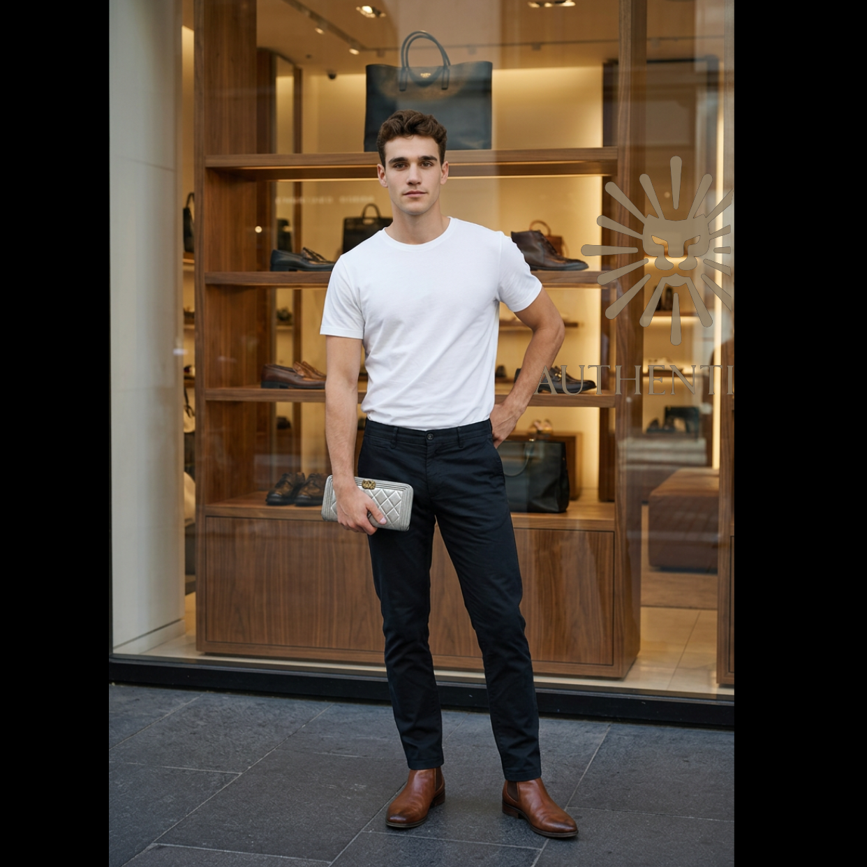 Model holding Chanel Boy Chevron Quilted Metallic Gold Leather Continental Wallet – Available at Authentique Lux