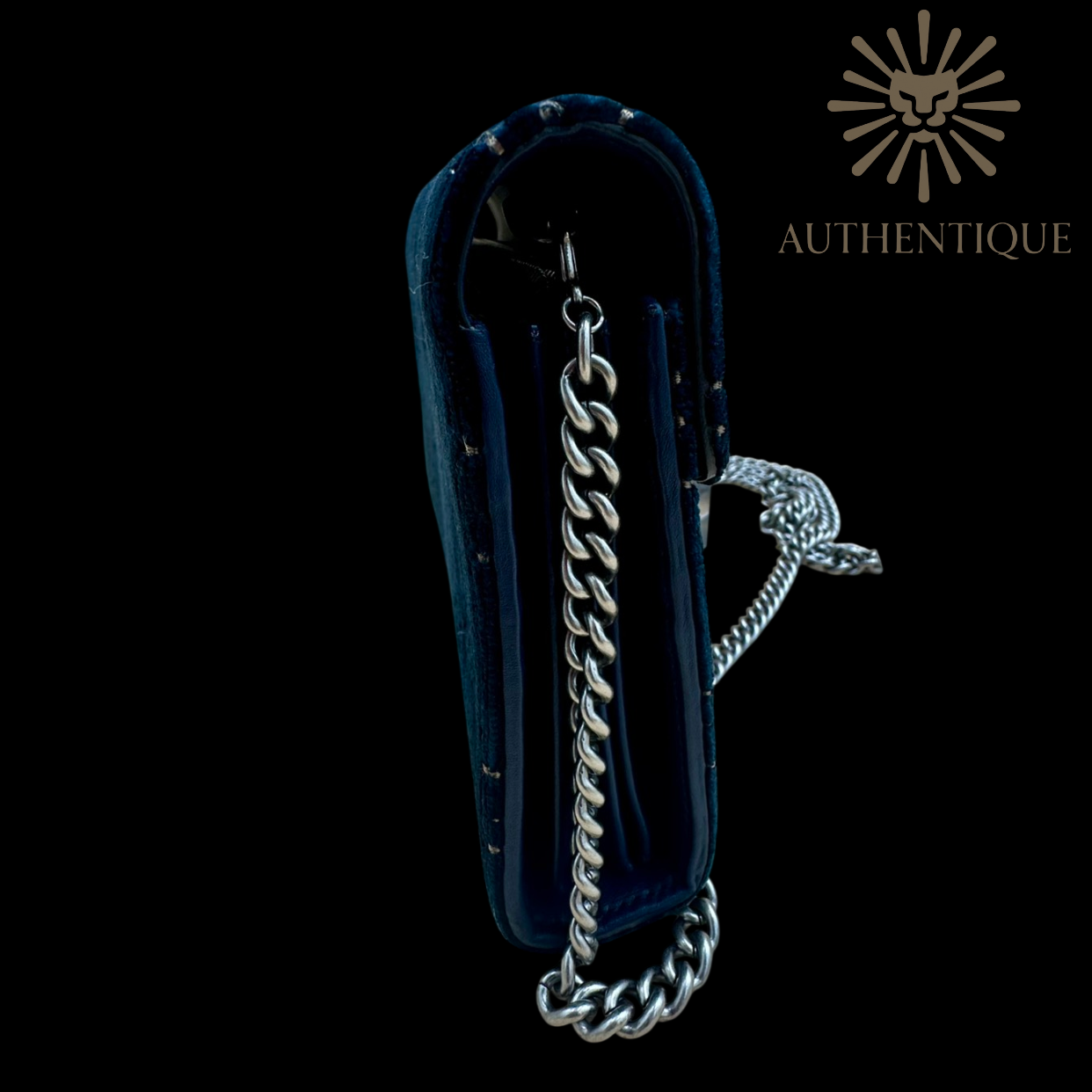 Side view of Gucci Dionysus Mini Chain Wallet in Navy Blue Velvet Crystal GG – Available at Authentique Lux