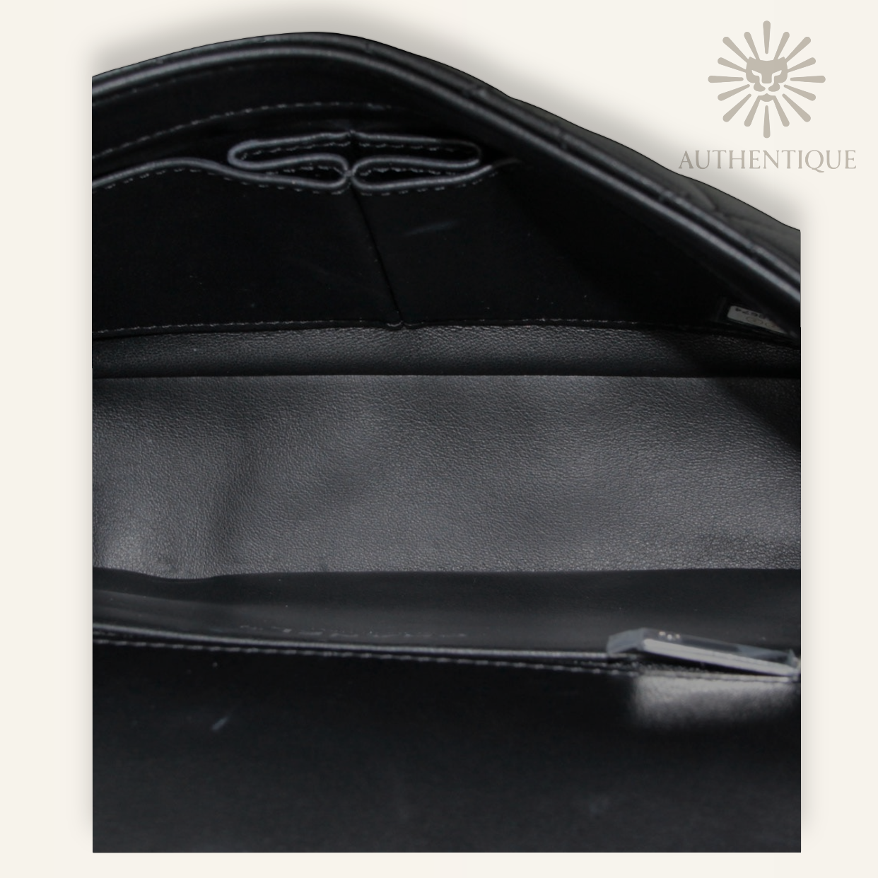 Inside of Chanel Small CC Filigree Flap Bag "So Black" Lambskin Ruthenium Hardware | Shop Authentique Lux