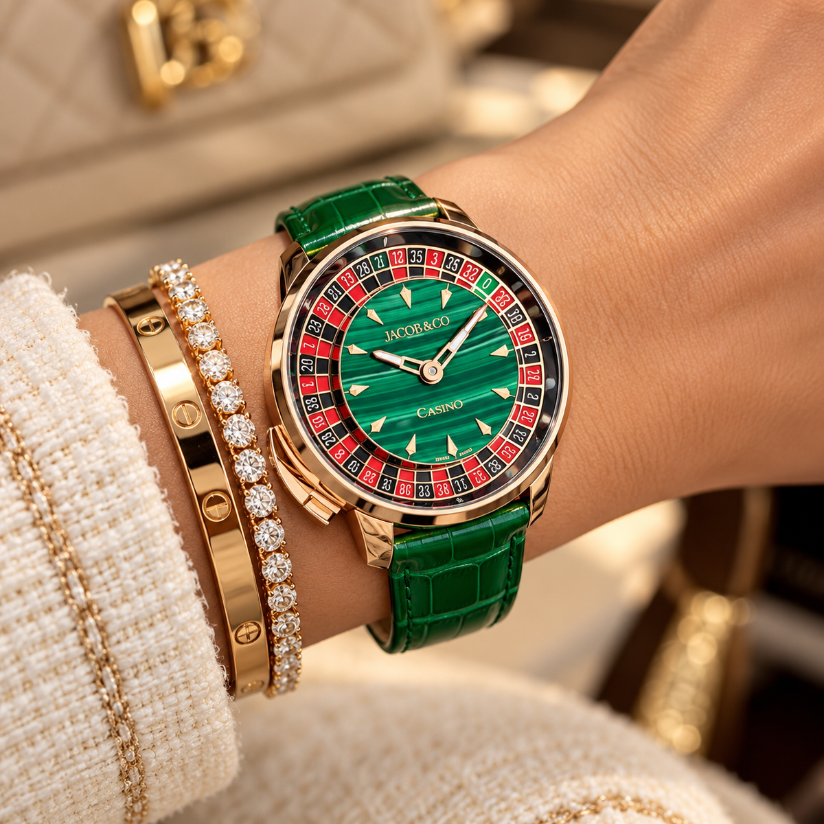 JACOB & CO. Casino Tourbillon malachite dial lifestyle wrist view | Shop Authentique Lux