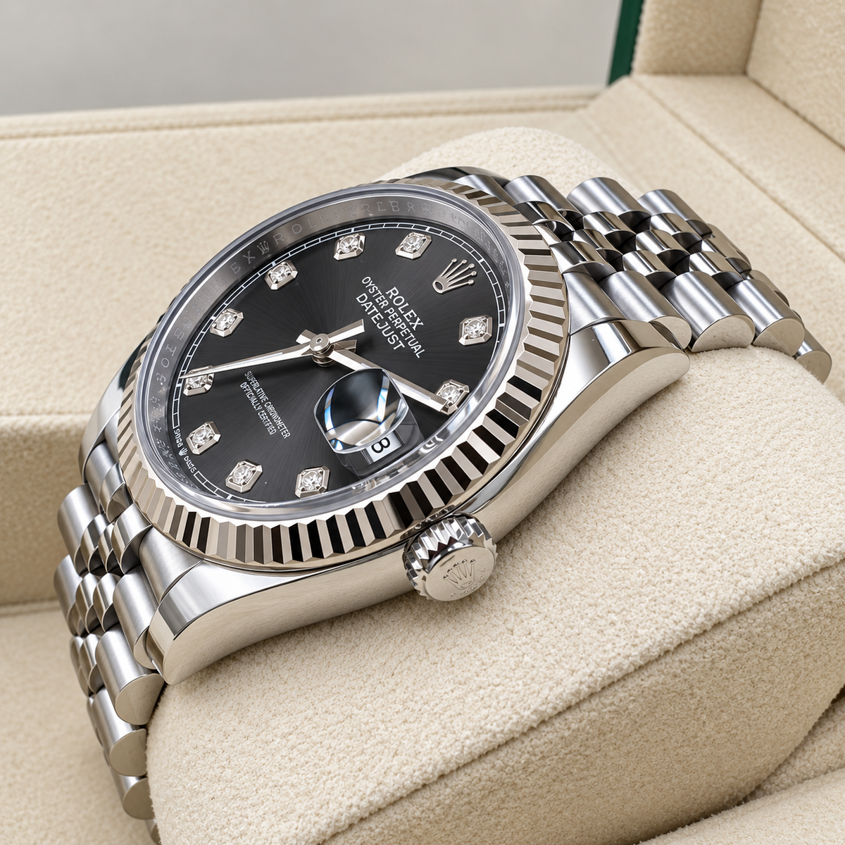 Rolex Datejust 36 Platinum Fluted Bezel Black Diamond Dial 2019 Full Set | Shop Authentique Lux
