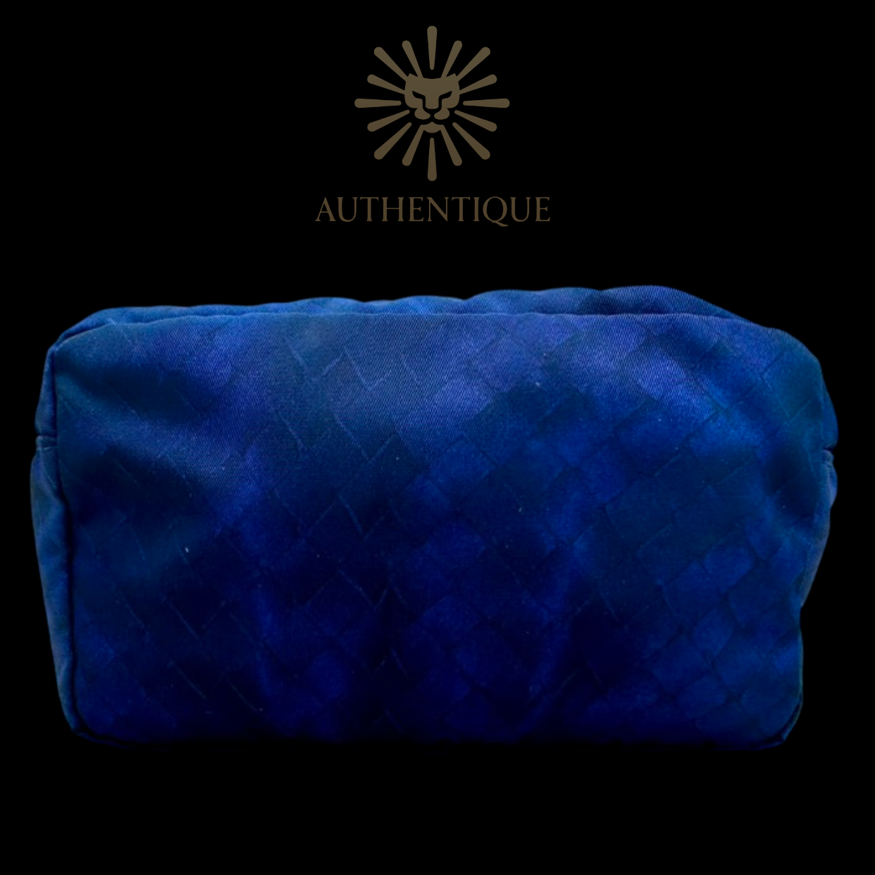 Bottega Veneta Intrecciolusion Pouch in Navy Blue Nylon with Printed Intrecciato Weave and Leather Pull Tab
