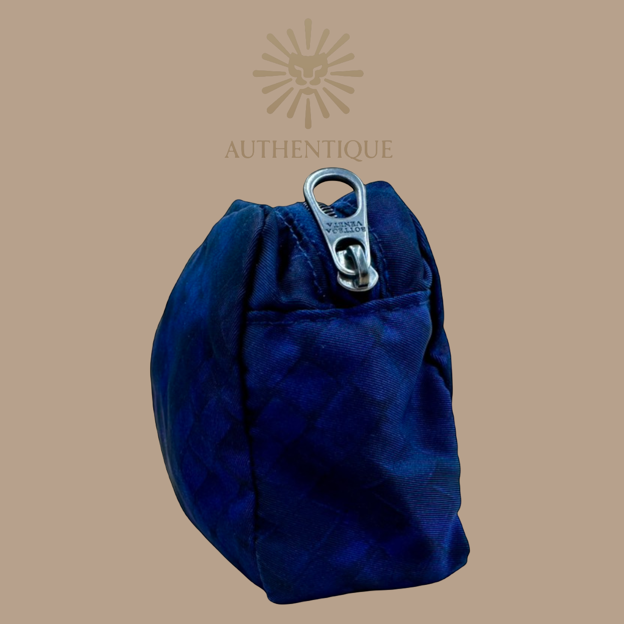 Bottega Veneta Intrecciolusion Pouch in Navy Blue Nylon with Printed Intrecciato Weave and Leather Pull Tab