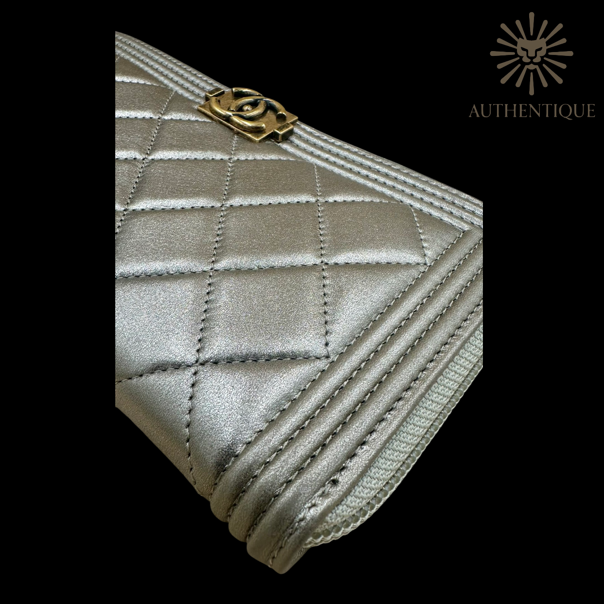 Chanel Boy Chevron Quilted Metallic Gold Leather Continental Wallet – Available at Authentique Lux