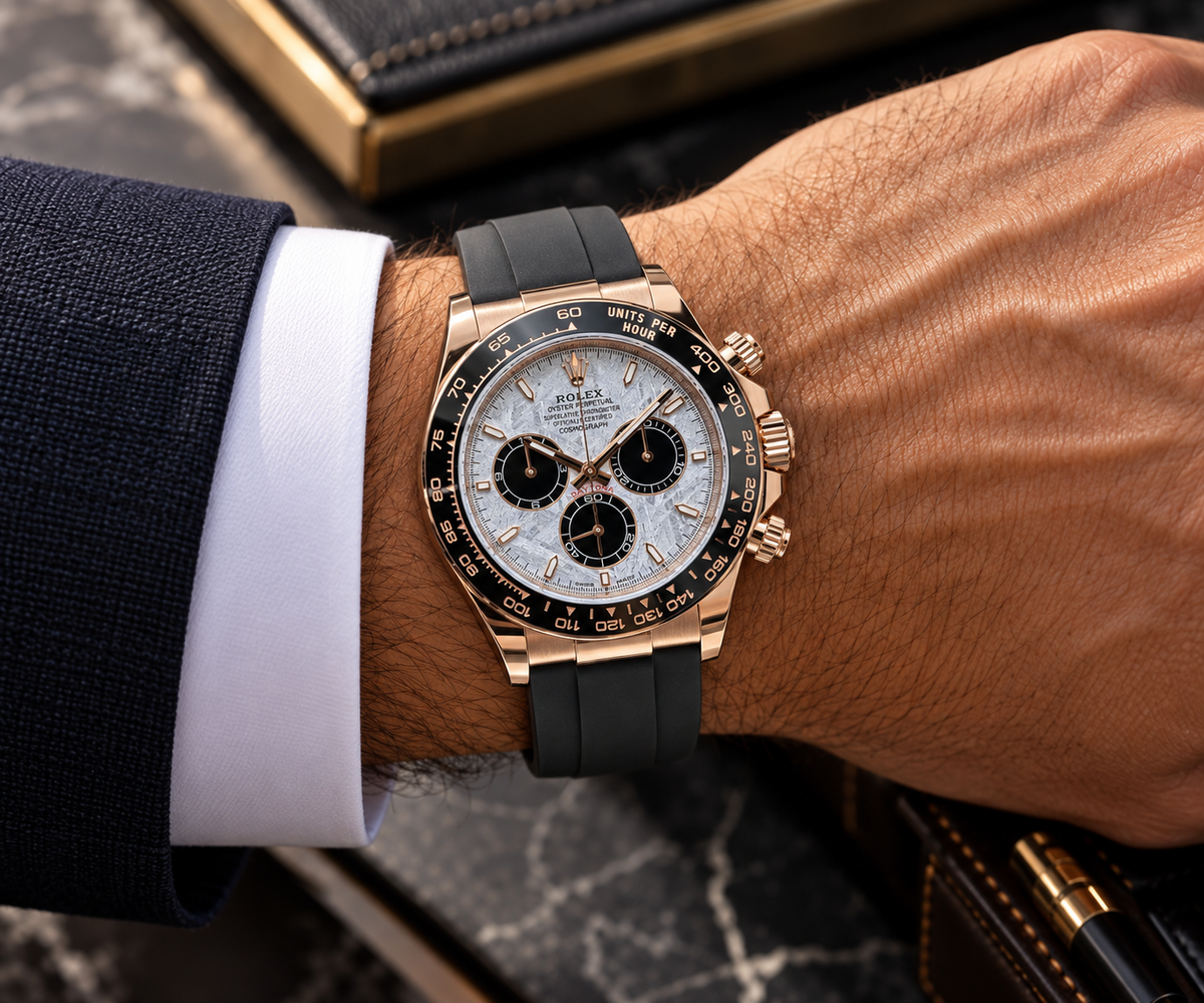 ROLEX Cosmograph Daytona 126515LN, 40 mm, Meteorite/Black Dial, 18 ct Everose Gold, Black Oysterflex, Full Set, 2026 | Shop Authentique Lux