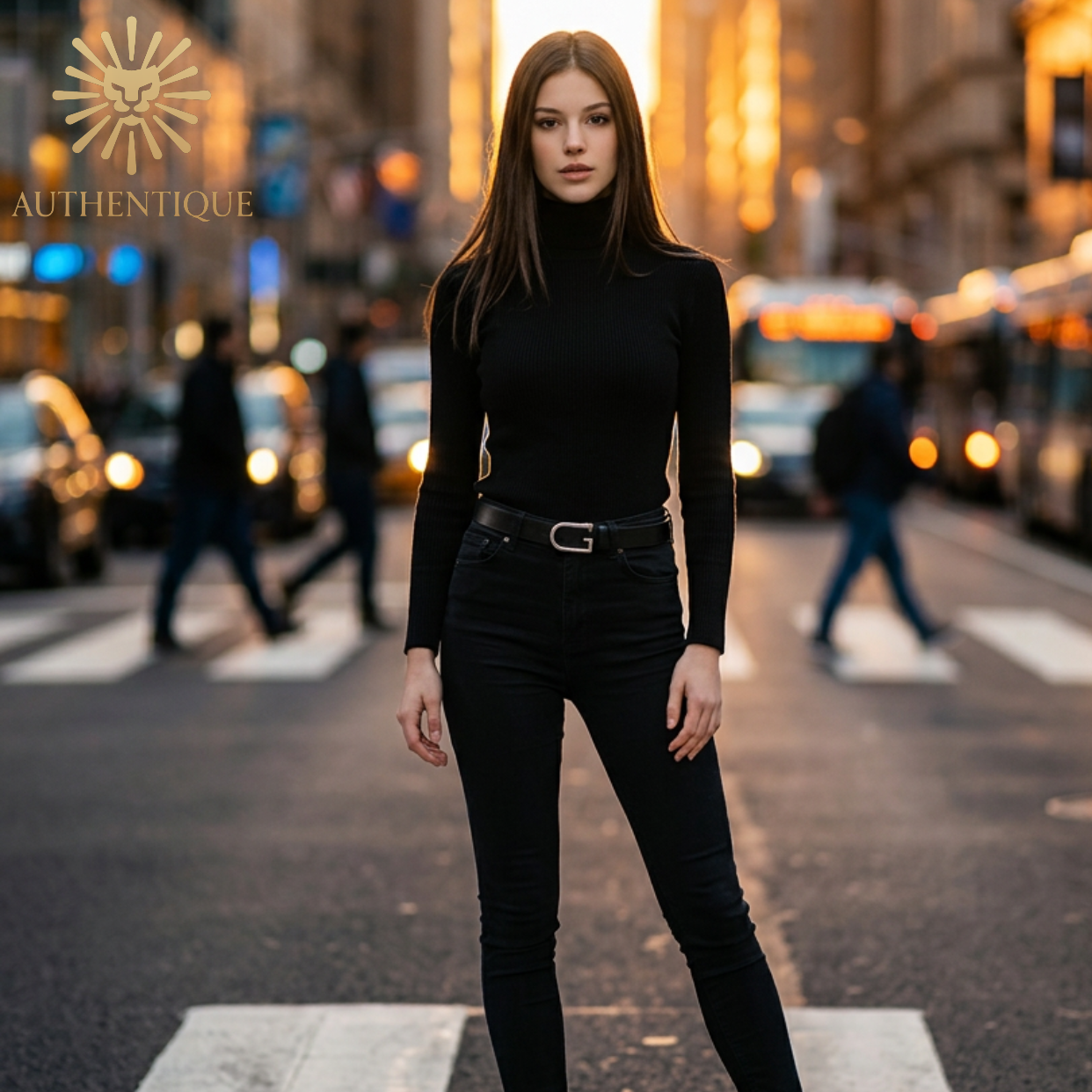Model wearing Gucci Ref. 277380 Skinny Black Leather Belt | Silver G Buckle | Size 80/32