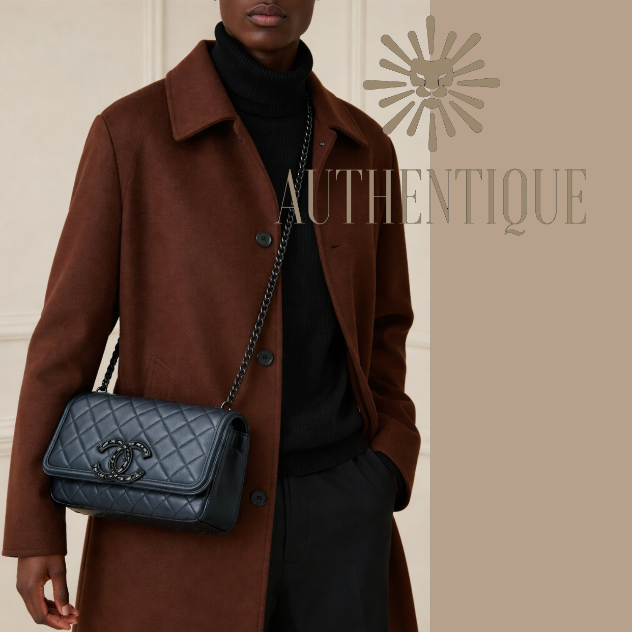 Model wearingChanel Small CC Filigree Flap Bag "So Black" Lambskin Ruthenium Hardware | Shop Authentique Lux