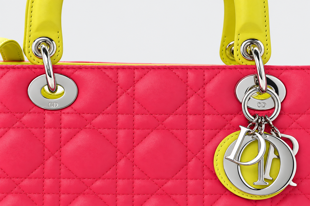 Dior Large Lady Dior Bag in Pink, Yellow and Blue Cannage Lambskin with Silver-Tone Hardware | Shop