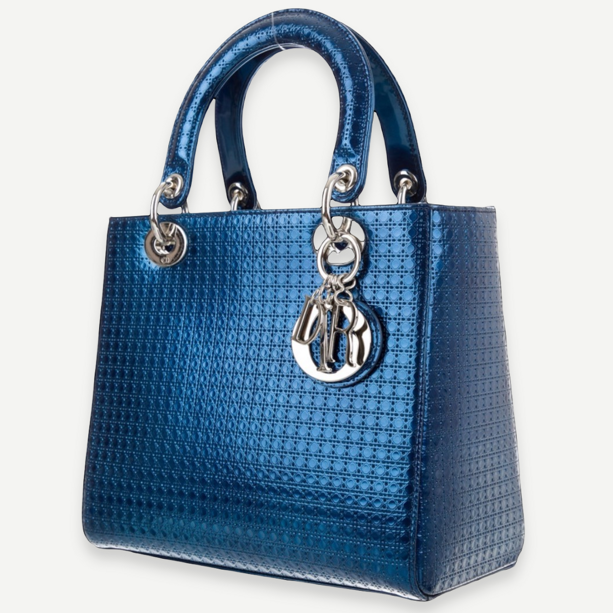 DIOR Medium Lady Dior, Blue Cannage Leather, Silver Hardware, three-quarter view | Shop Authentique Lux