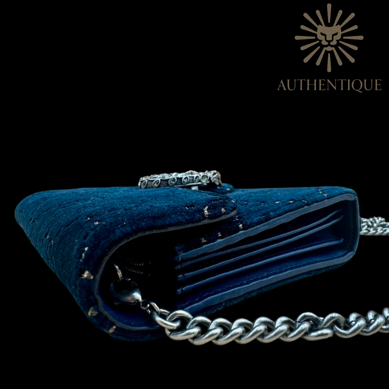 Side view of Gucci Dionysus Mini Chain Wallet in Navy Blue Velvet Crystal GG – Available at Authentique Lux