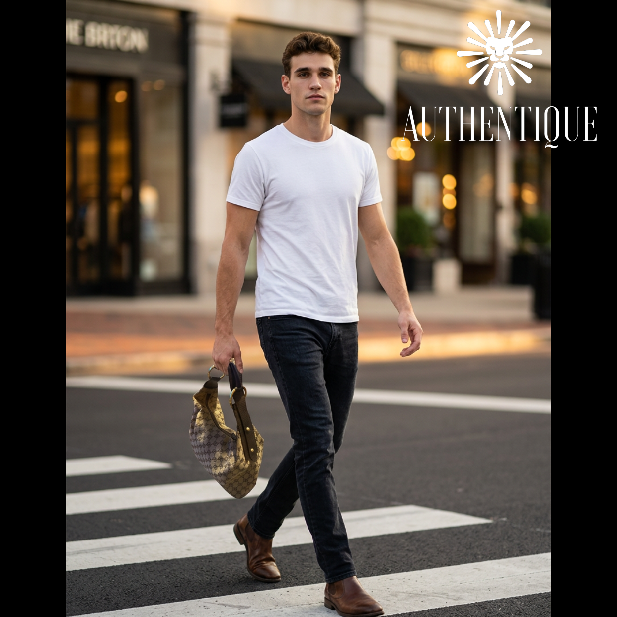 Model wearing Gucci GG Canvas Horsebit Hobo in neutral monogram canvas with gold-tone hardware — Always guaranteed authentic at Authentique Lux