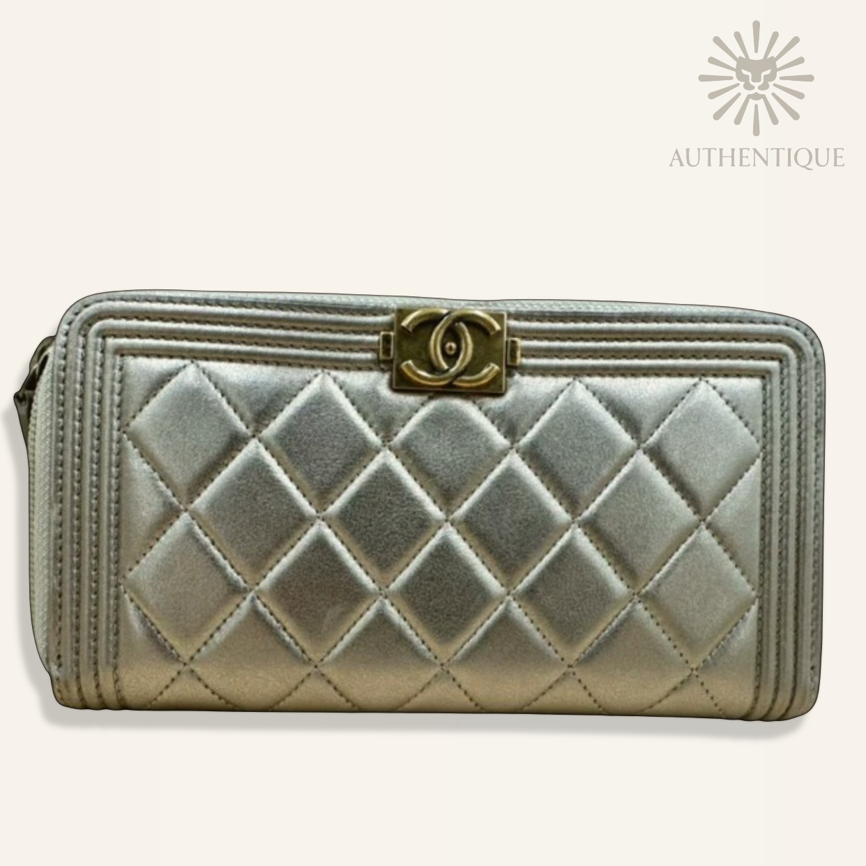 Chanel Boy Chevron Quilted Metallic Gold Leather Continental Wallet – Available at Authentique Lux