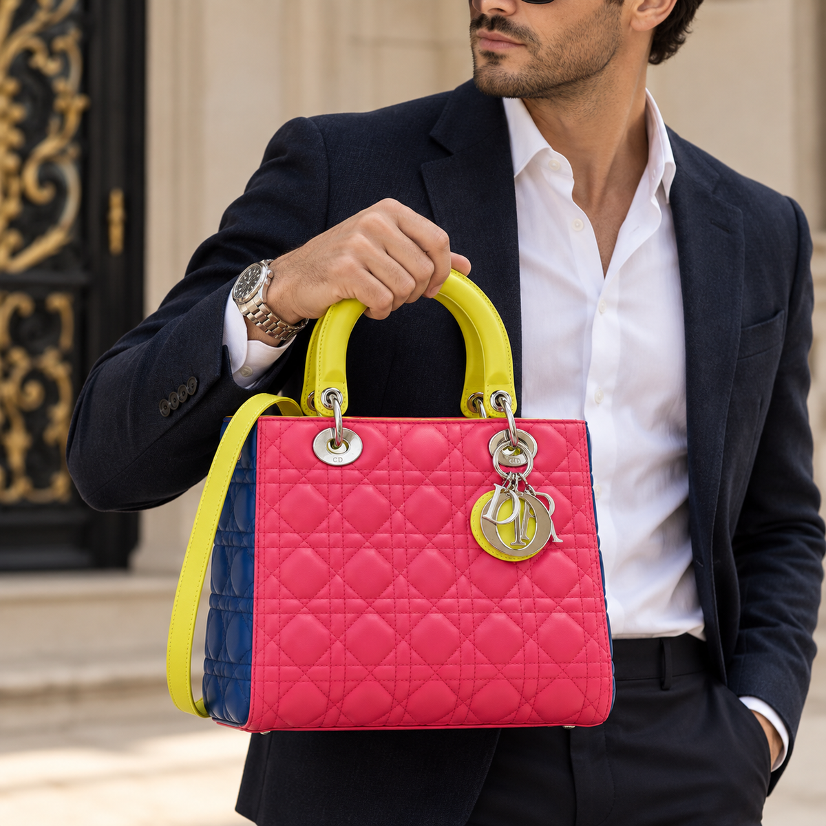 Dior Large Lady Dior Bag in Pink, Yellow and Blue Cannage Lambskin with Silver-Tone Hardware | Shop