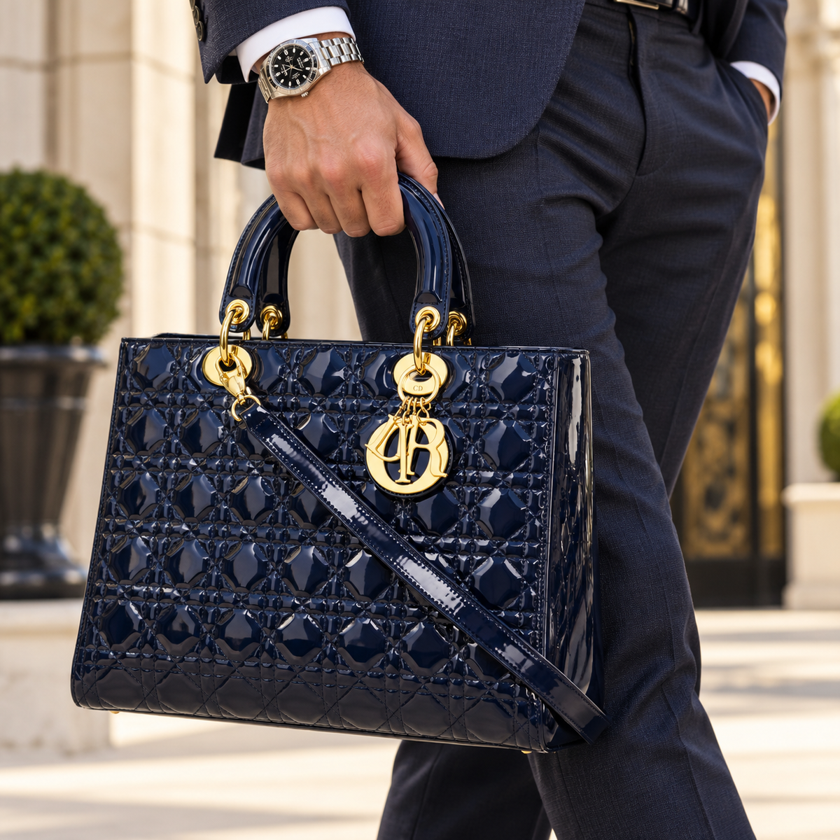 DIOR Large Lady Dior Bag, Navy Cannage Patent Leather, Gold Hardware | Shop Authentique Lux