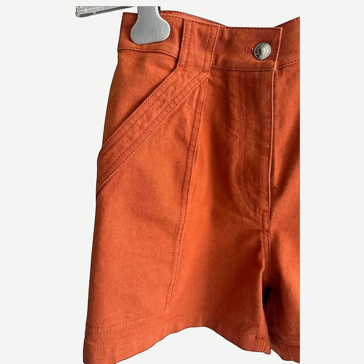HERMÈS Orange Stretch Denim Shorts, Composition Label | Shop Authentique Lux