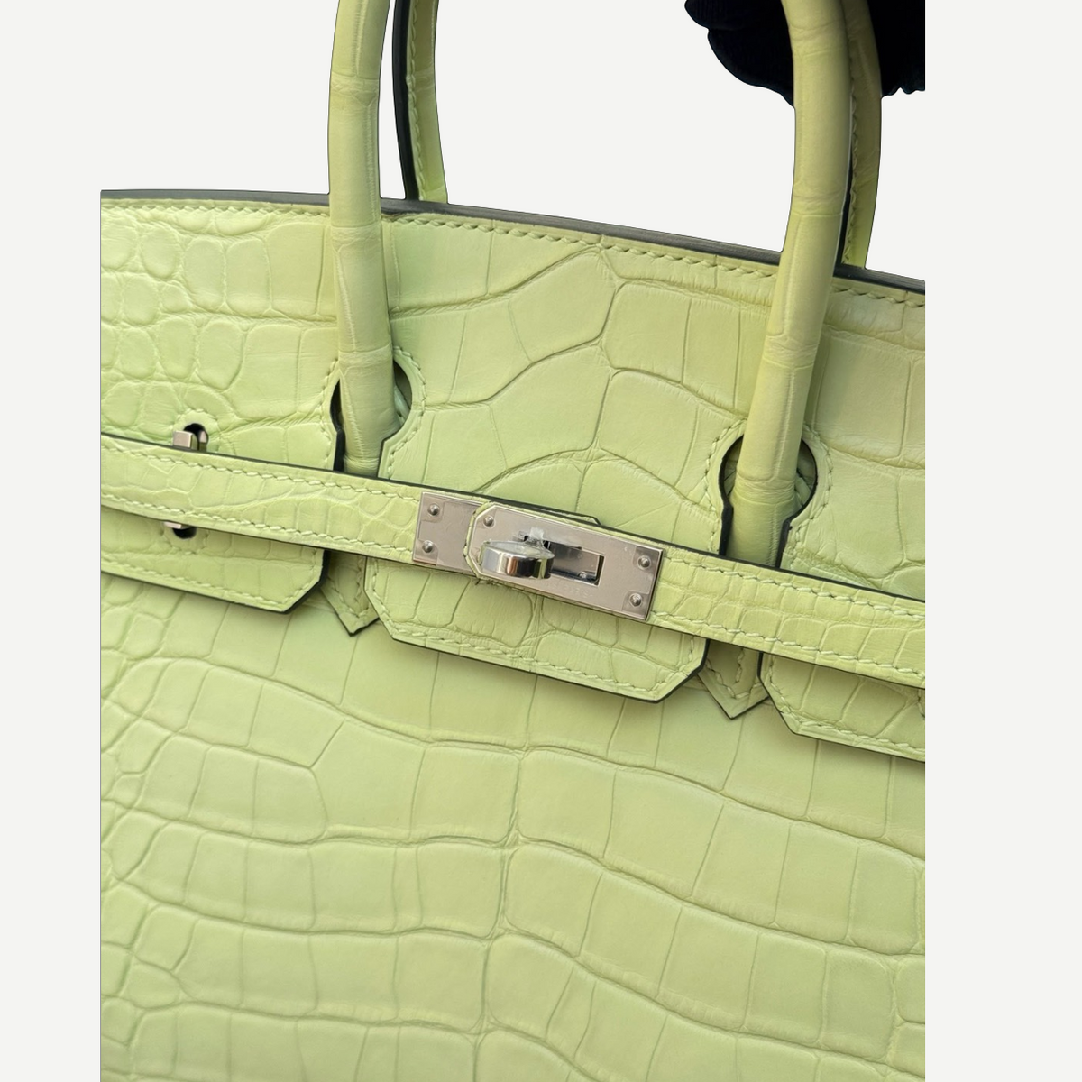 HERMÈS Birkin 25, Matte Crocodile, R9 Tender Sprout Green / Vert Criquet, Palladium Hardware, 2021 | Shop Authentique Lux