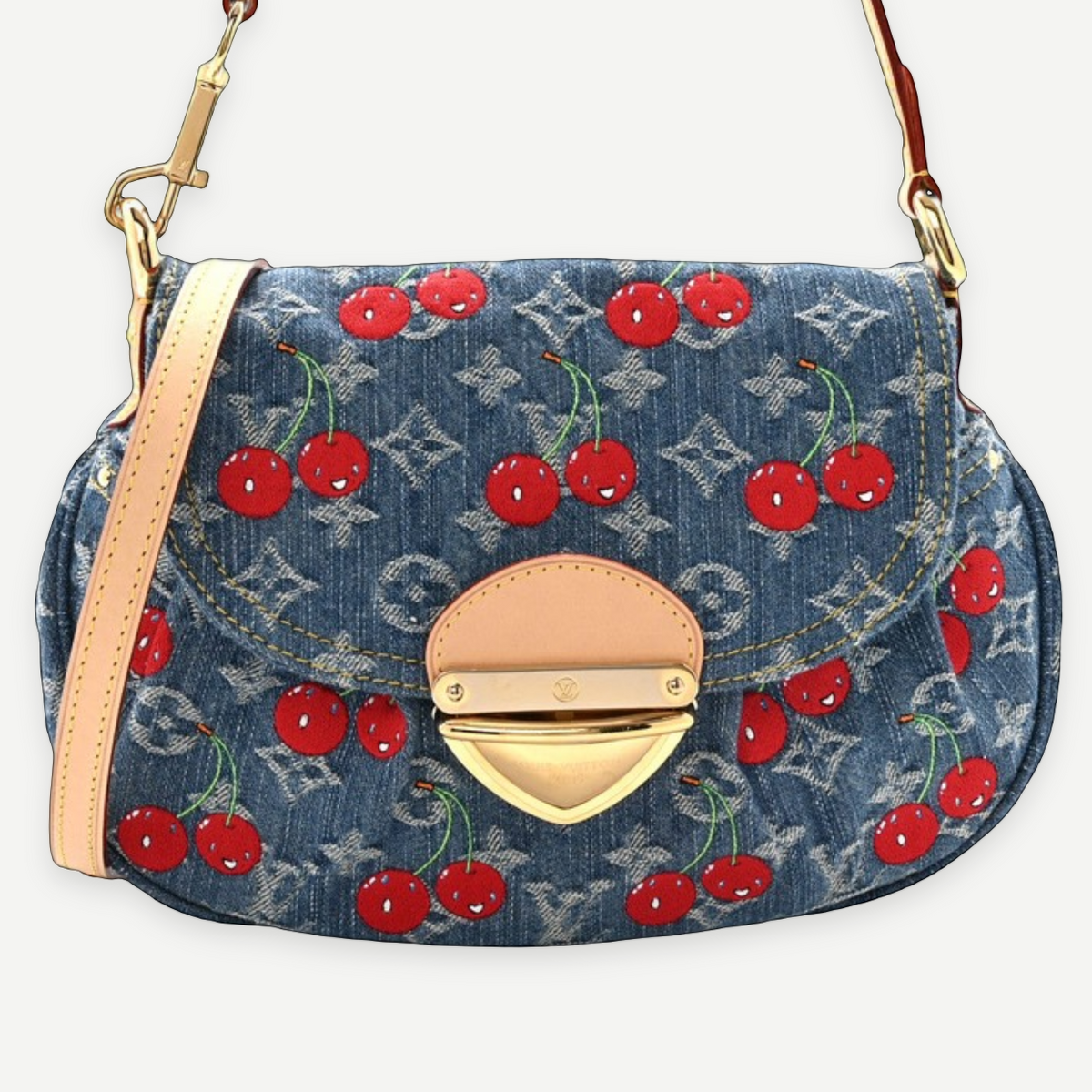 LOUIS VUITTON Cherry Denim Sunset bag, rear view and leather strap | Shop Authentique Lux