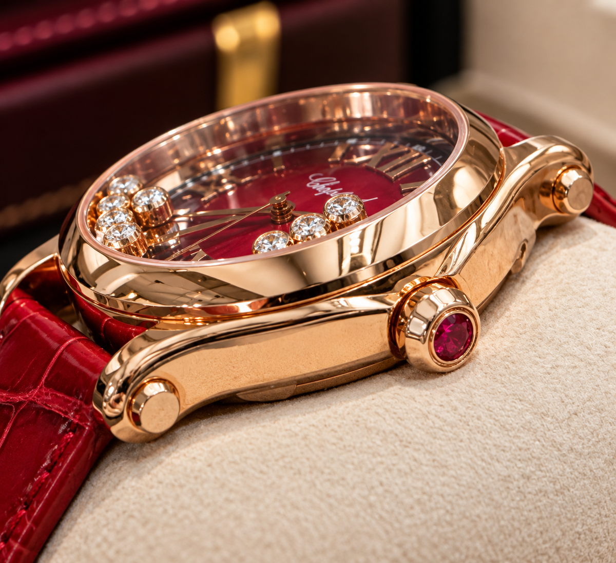 Chopard Happy Sport 5378, Red Mother-of-Pearl Dial, 18K Rose Gold, 2023 | Shop Authentique Lux
