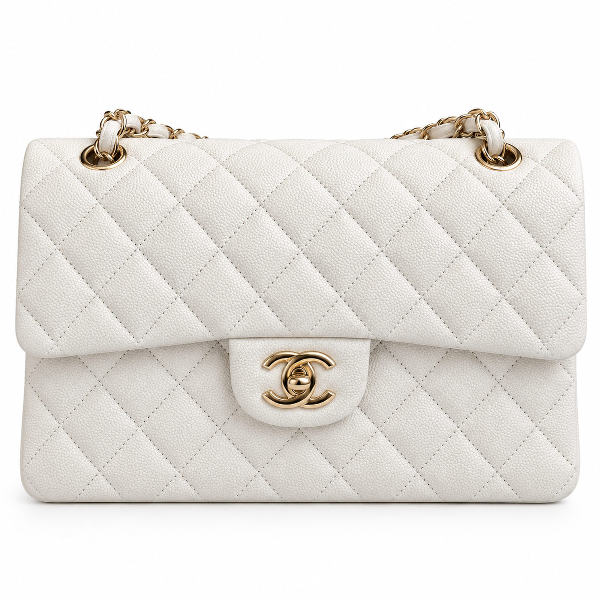 CHANEL Caviar Quilted Medium Classic Double Flap Bag, White, Gold Hardware, Full Set | Shop Authentique Lux