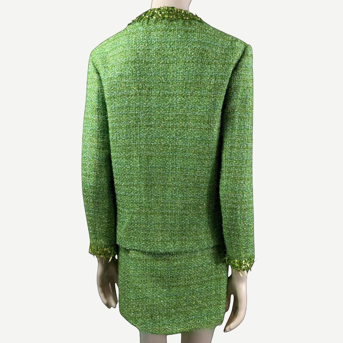 VALENTINO green tweed jacket and skirt set, back view | Shop Authentique Lux