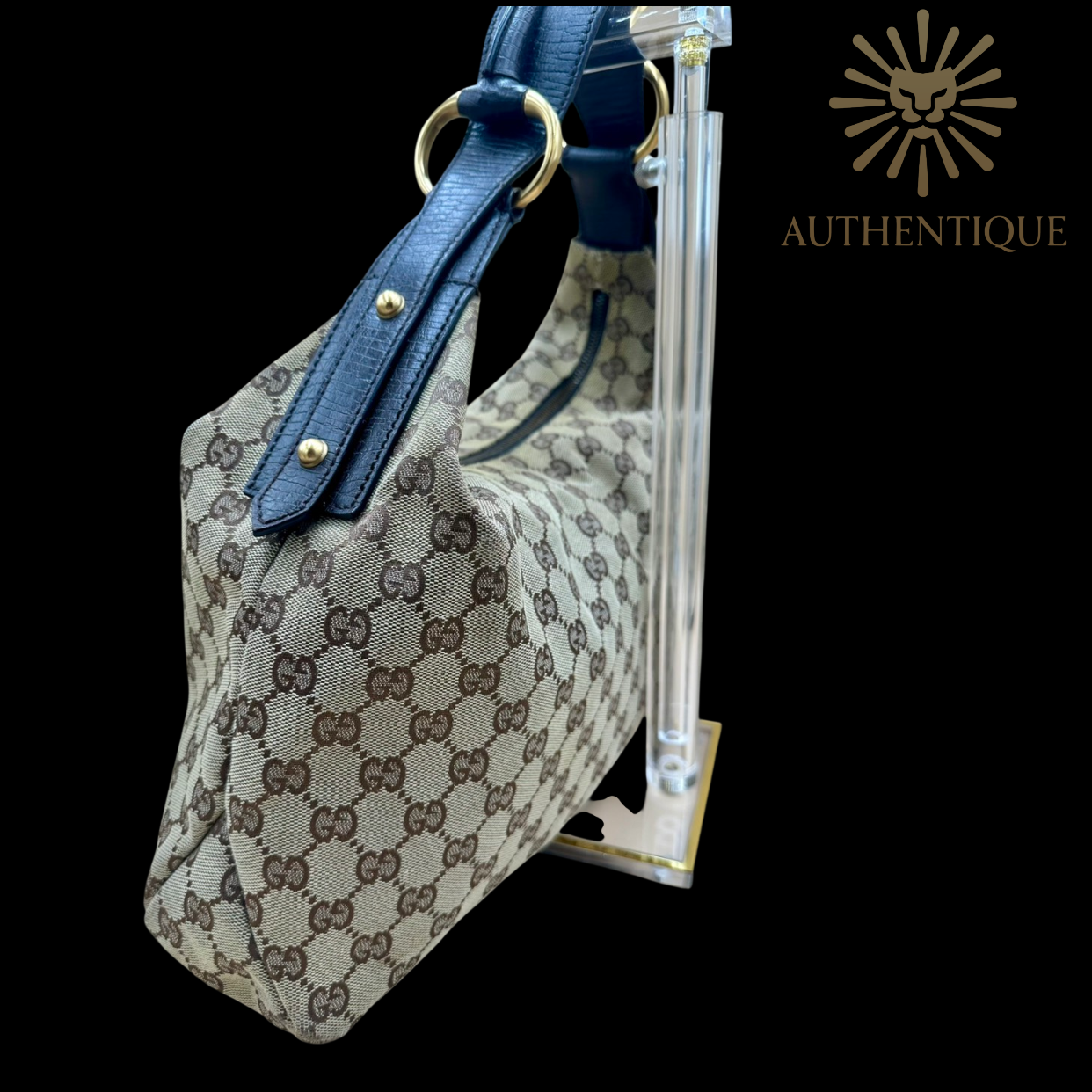 Gucci GG Canvas Horsebit Hobo in neutral monogram canvas with gold-tone hardware — Always guaranteed authentic at Authentique Lux