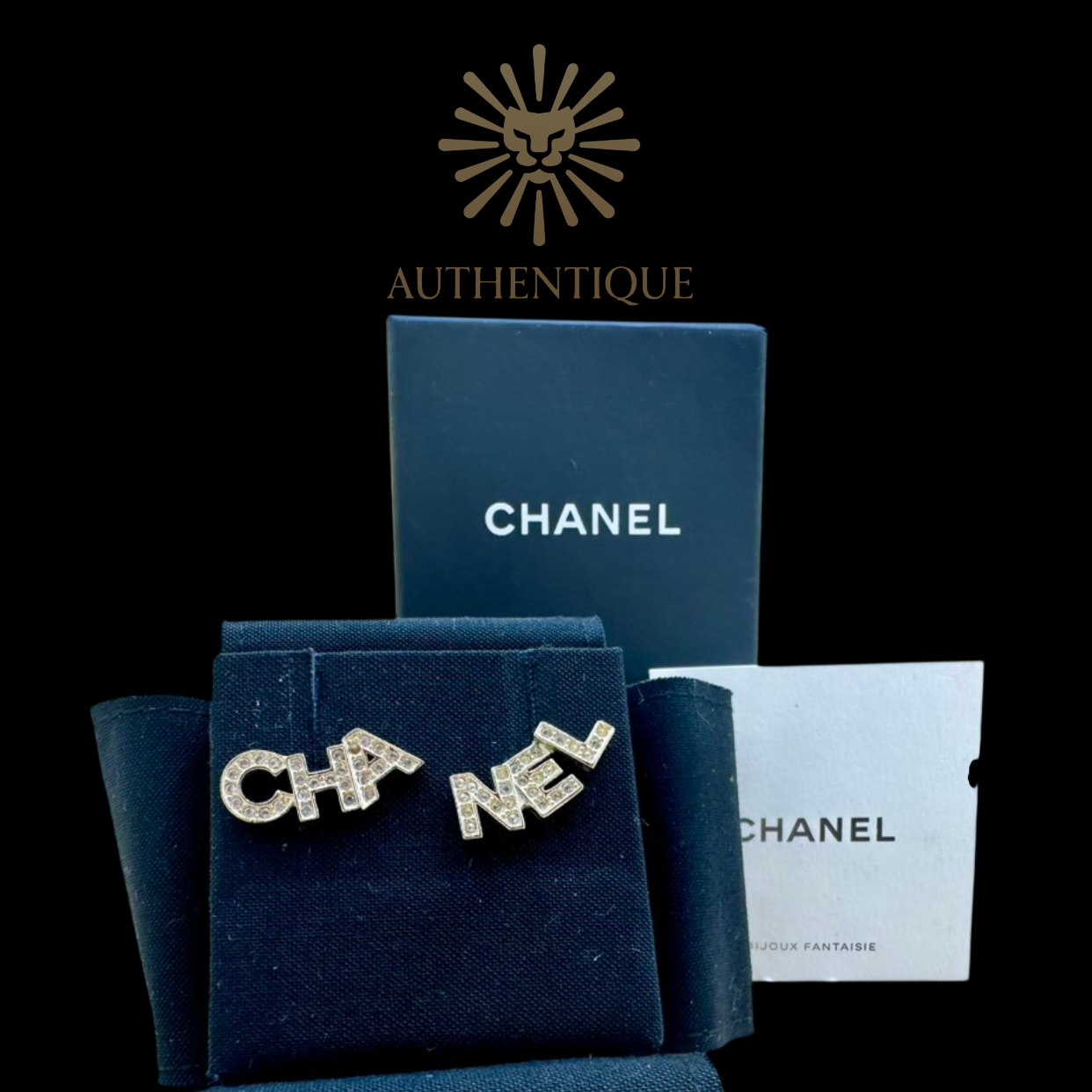 Chanel 2022 Strass 'CHA-NEL' Stud Earrings in Gold-Plated Metal with Crystal Embellishments.